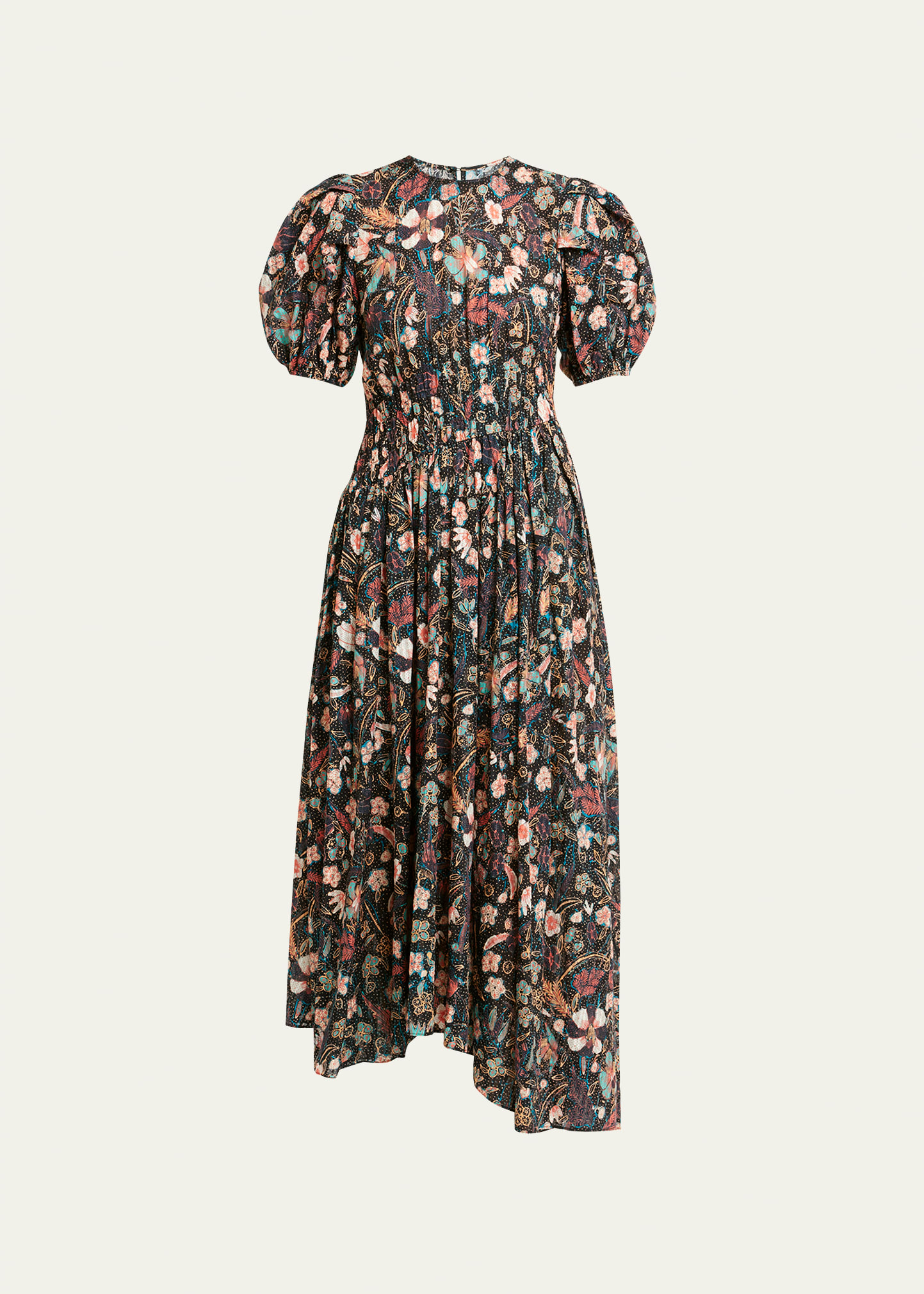 Shop Ulla Johnson Eden Puff-sleeve Floral-print Midi Dress In Obsidian Botanica