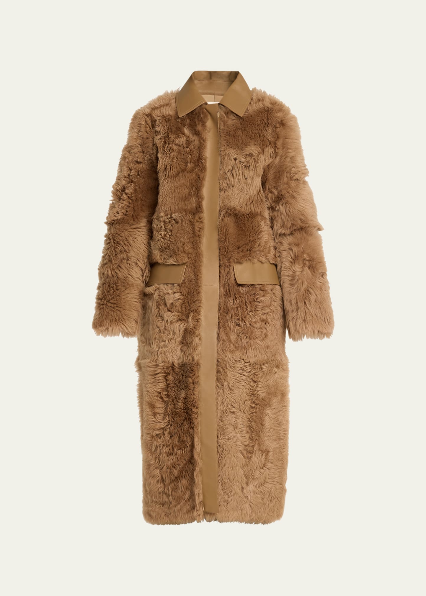 Totême Curly Shearling Coat With Leather Trim In Beige
