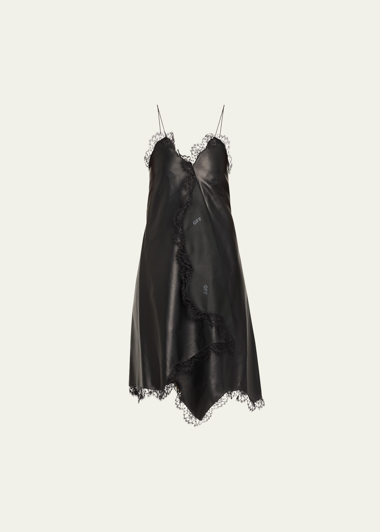 Shop Off-white Leather Lace-trim Asymmetric Slip Dress In Black