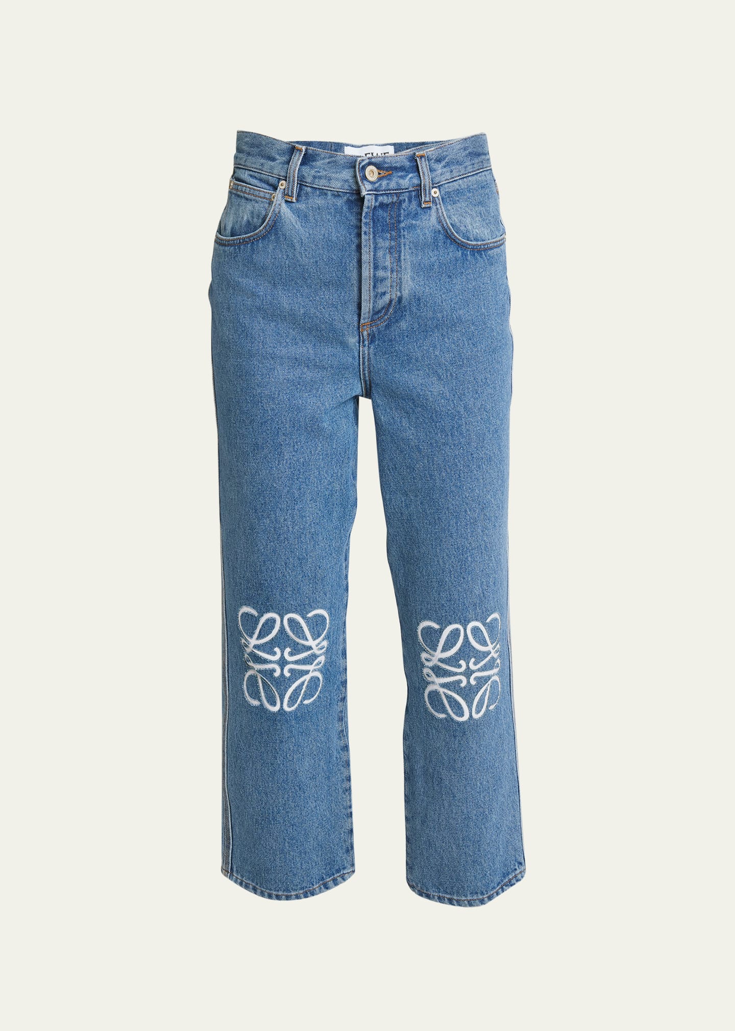 Shop Loewe Cropped Jeans With Anagram Knee Detail In Mid Blue D