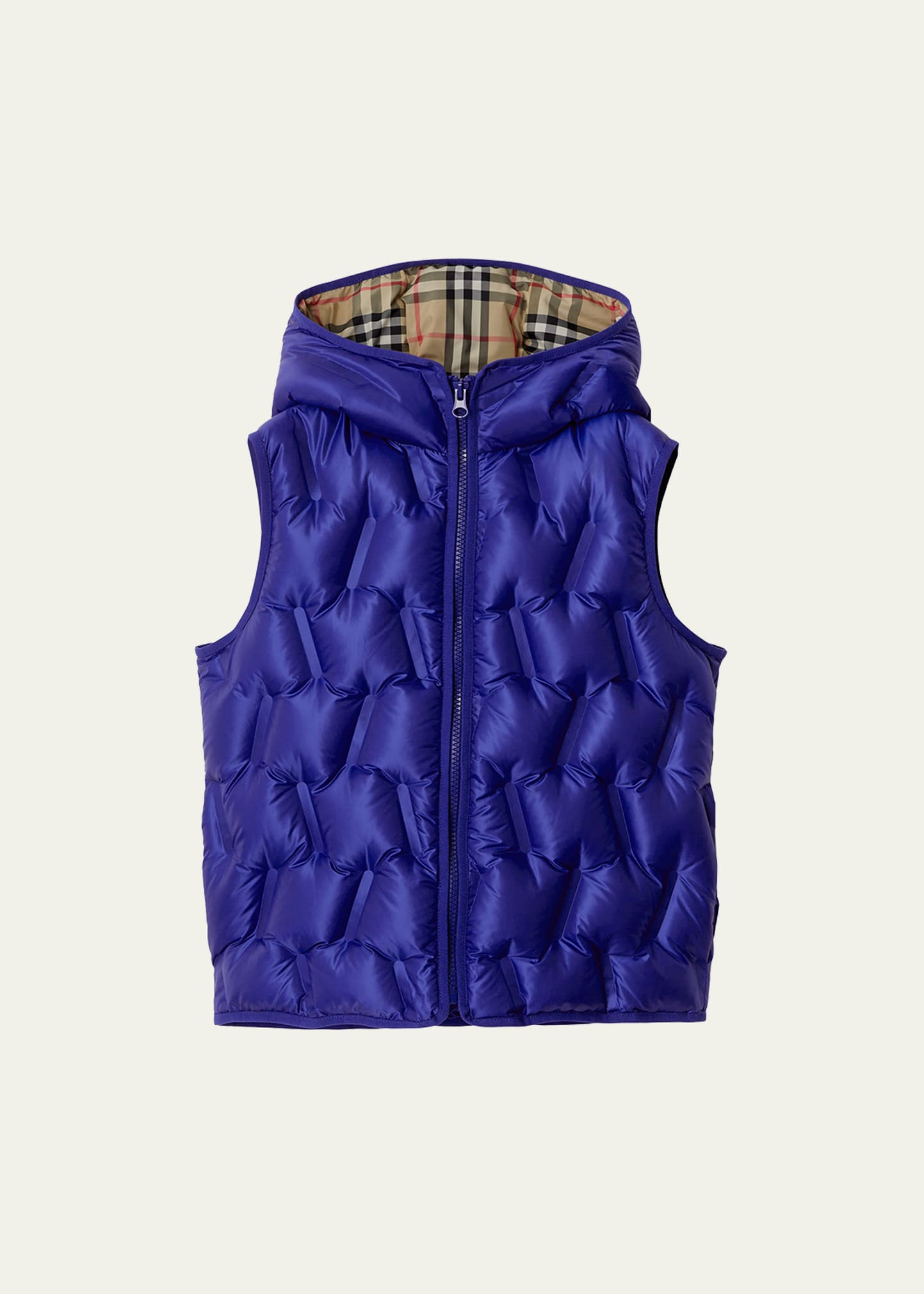 Shop Burberry Boy's Noah Check-lined Tufted Puffer Vest In Knight