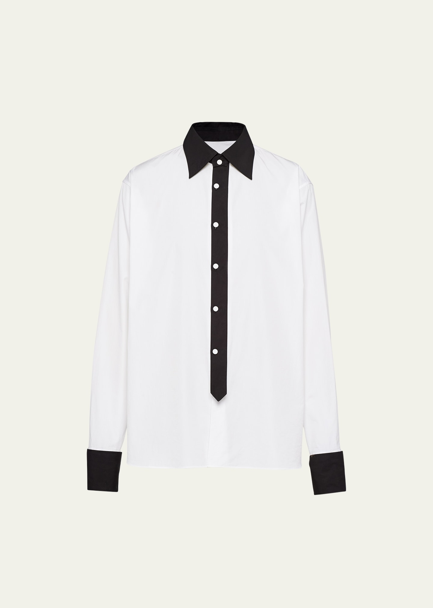 Shop Prada Men's Poplin Contrast-trim Dress Shirt In Bianco Nero