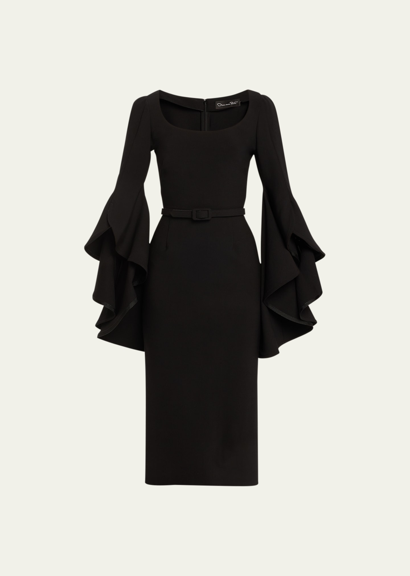 Shop Oscar De La Renta Scoop-neck Ruffle 3/4-sleeve Belted Crepe Midi Dress In Black