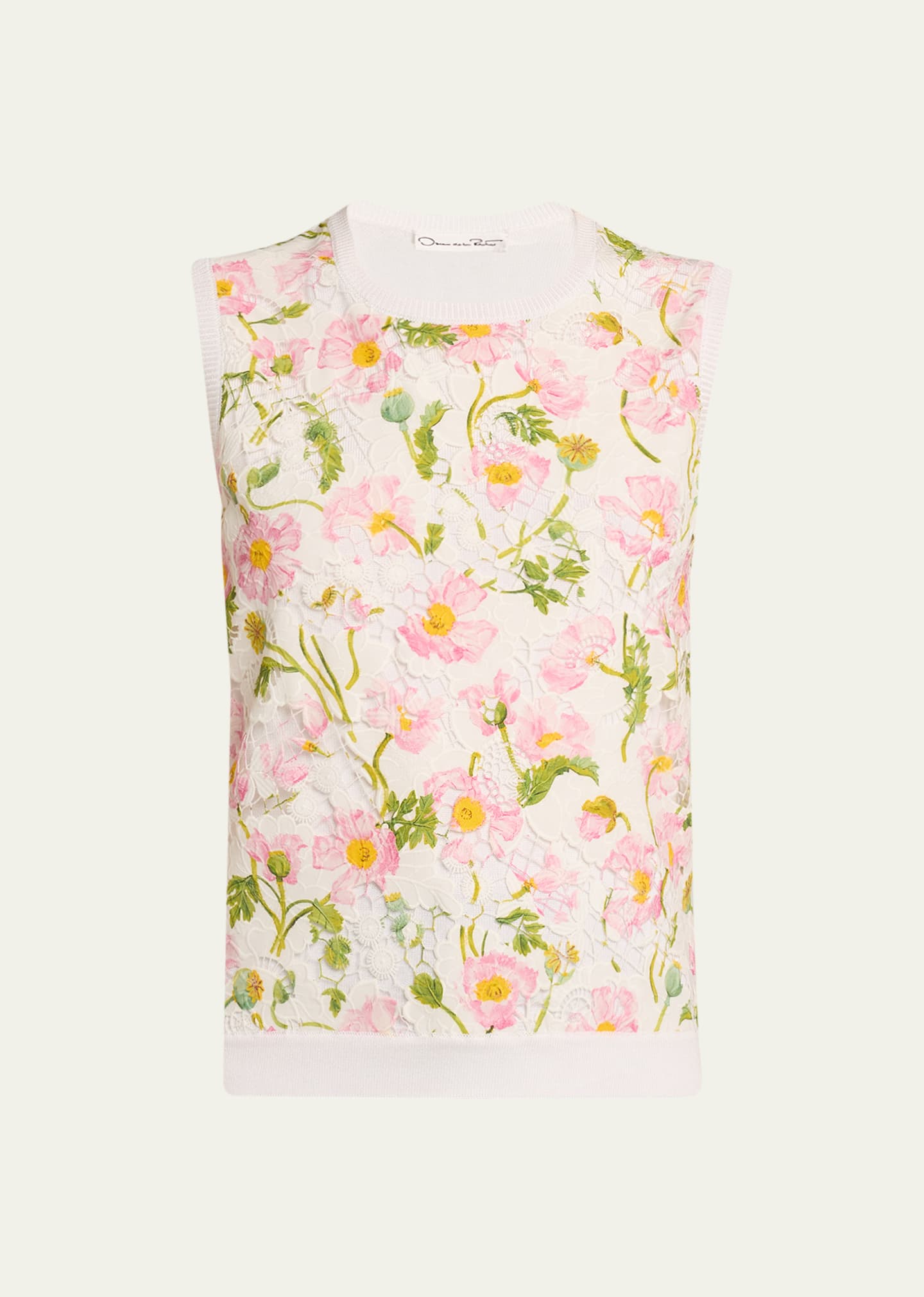 Shop Oscar De La Renta Floral-print Botanical Lace-inset Knit Tank Top In White