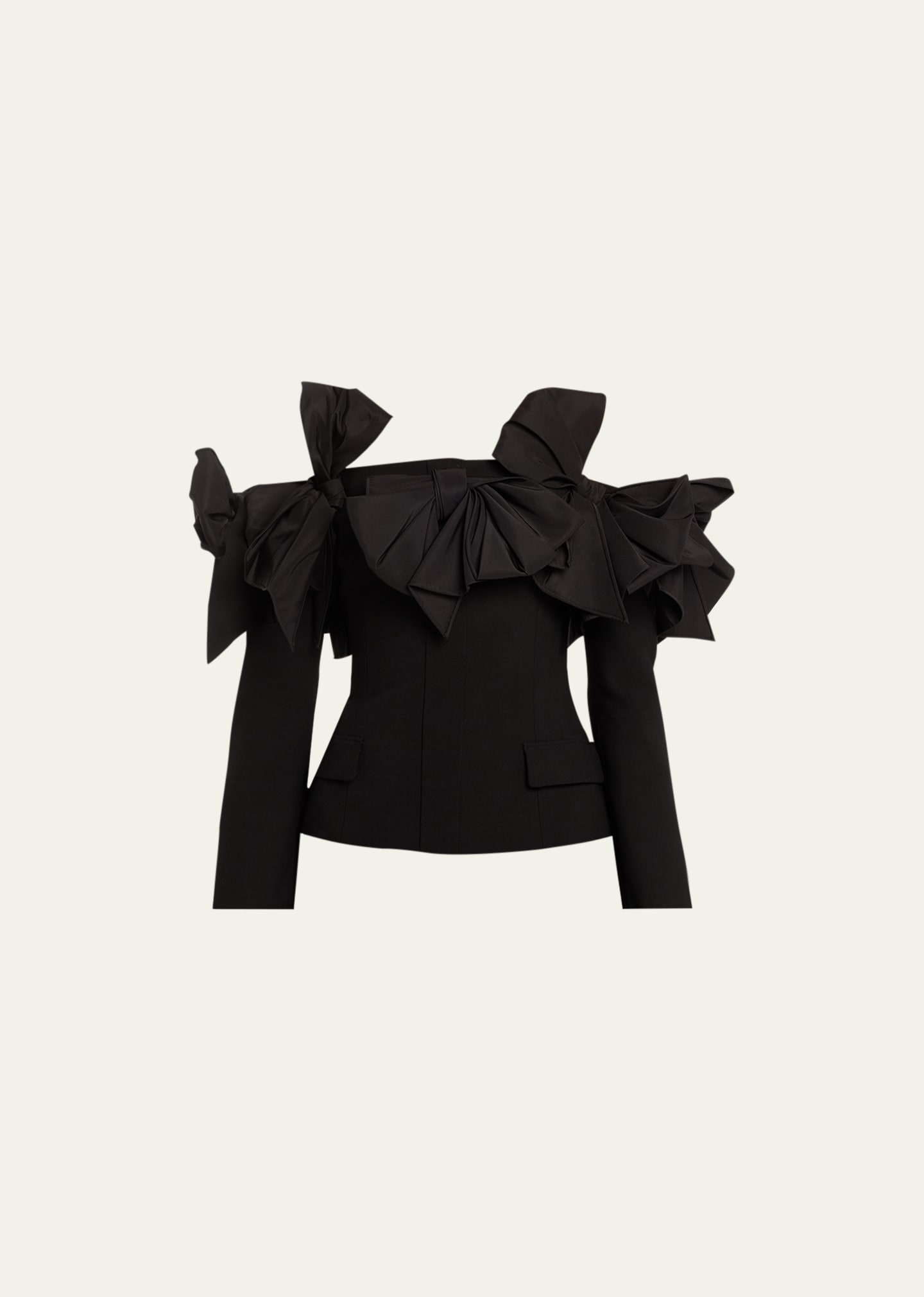 Shop Oscar De La Renta Faille Bow Off-the-shoulder Tailored Jacket In Black