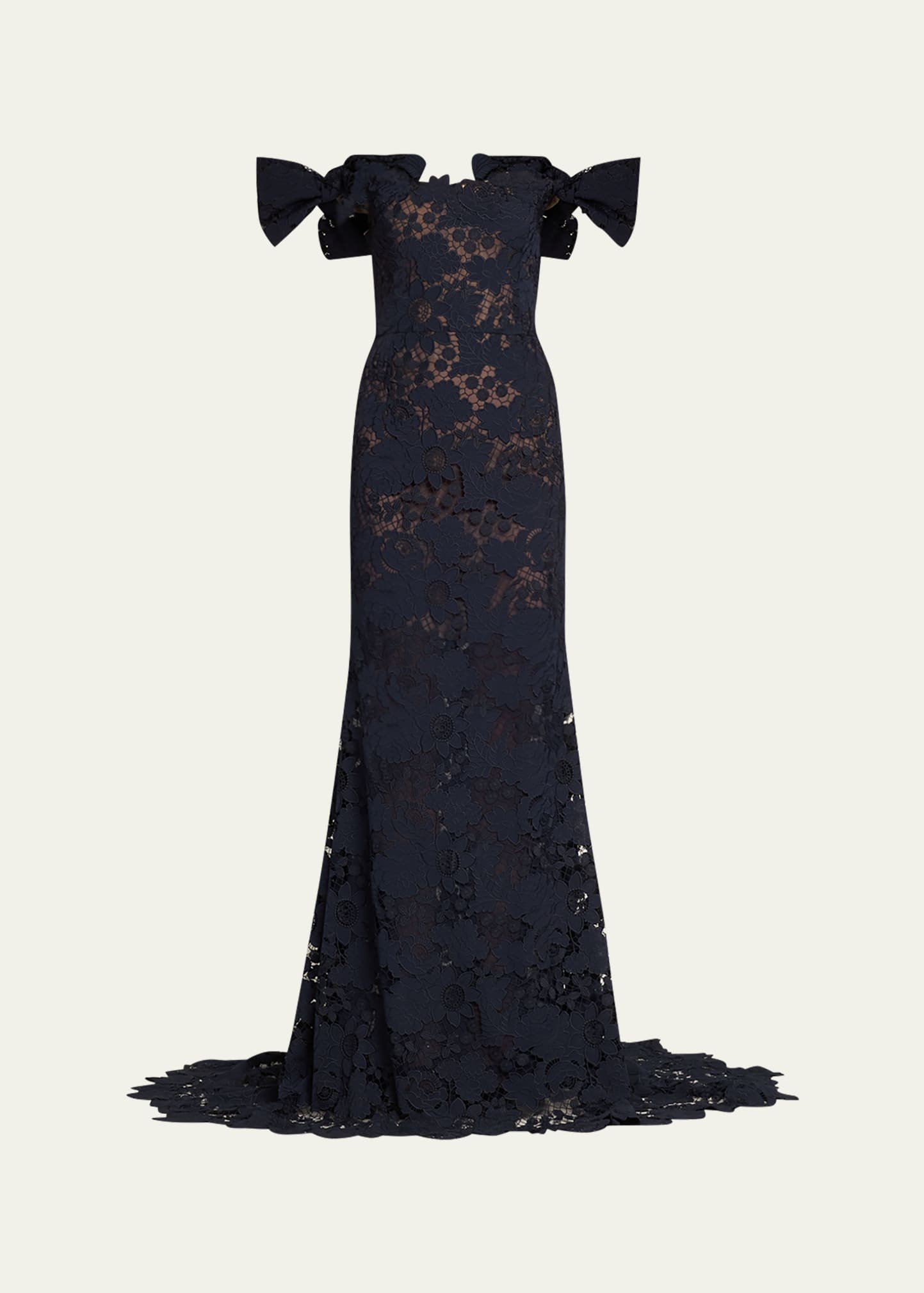 Oscar De La Renta Botanical Guipure Bow Off-the-shoulder Trumpet Gown In Navy