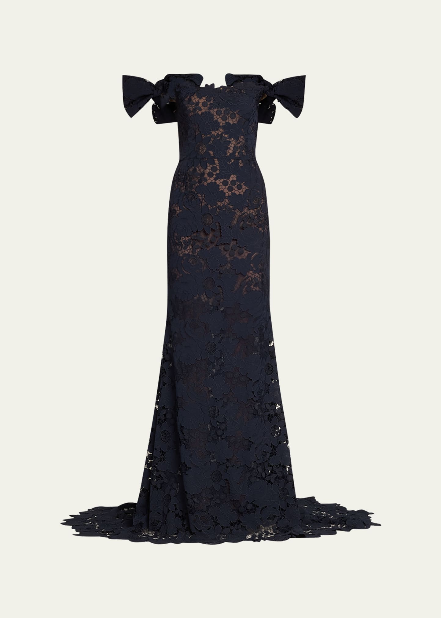 Shop Oscar De La Renta Botanical Guipure Bow Off-the-shoulder Trumpet Gown In Navy