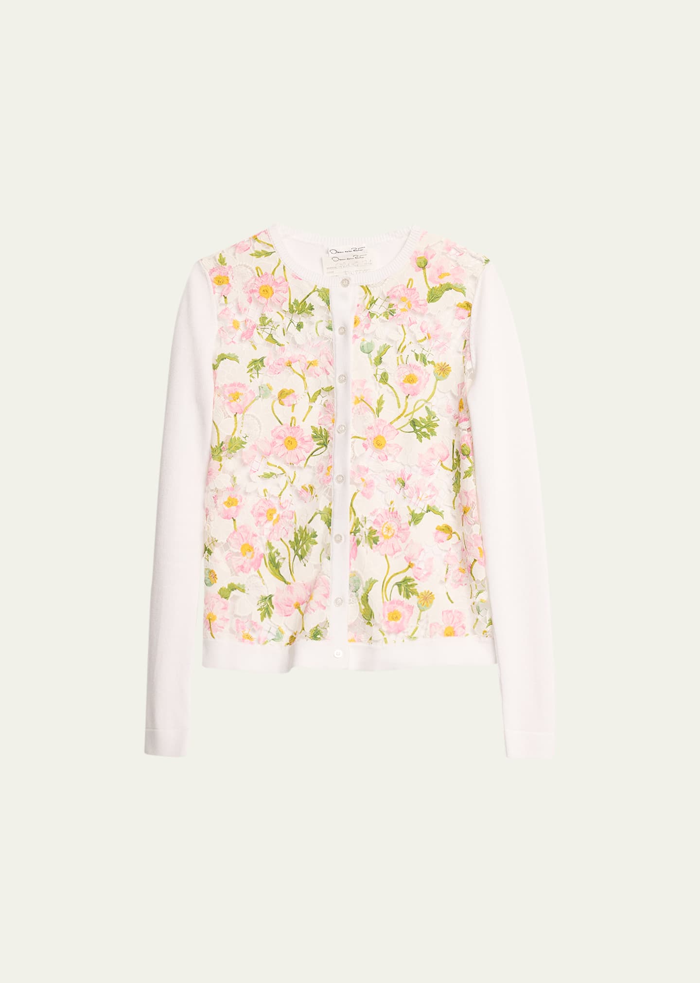 Shop Oscar De La Renta Floral-print Botanical Lace-inset Knit Cardigan In White