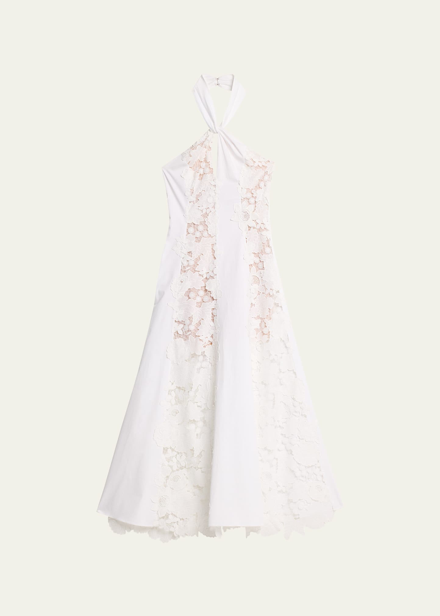 Shop Oscar De La Renta Botanical Guipure Paneled Poplin Halter Maxi Dress In White