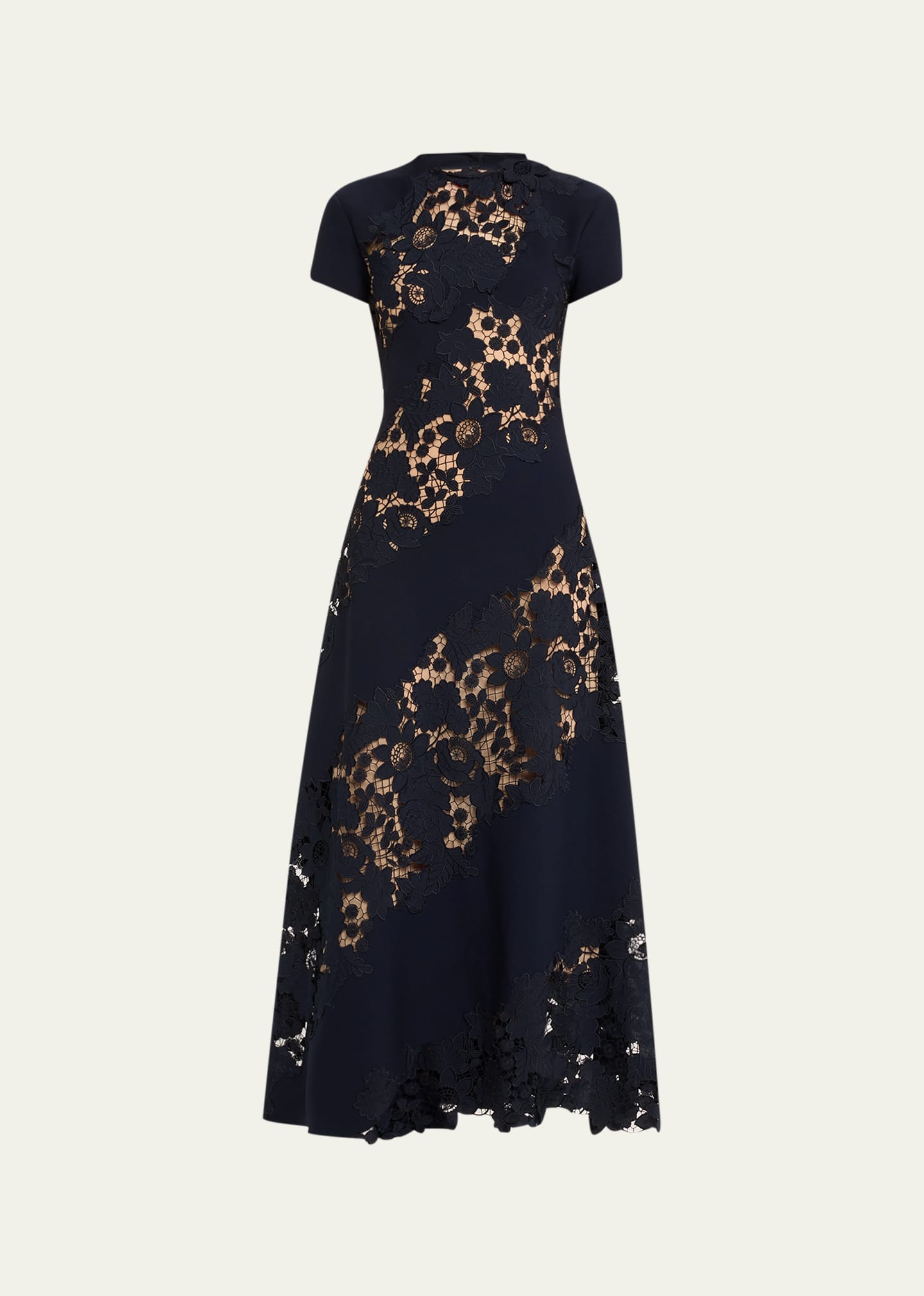 Shop Oscar De La Renta Diagonal Botanical Guipure Inset Cap-sleeve Open-back Maxi Dress In Navy