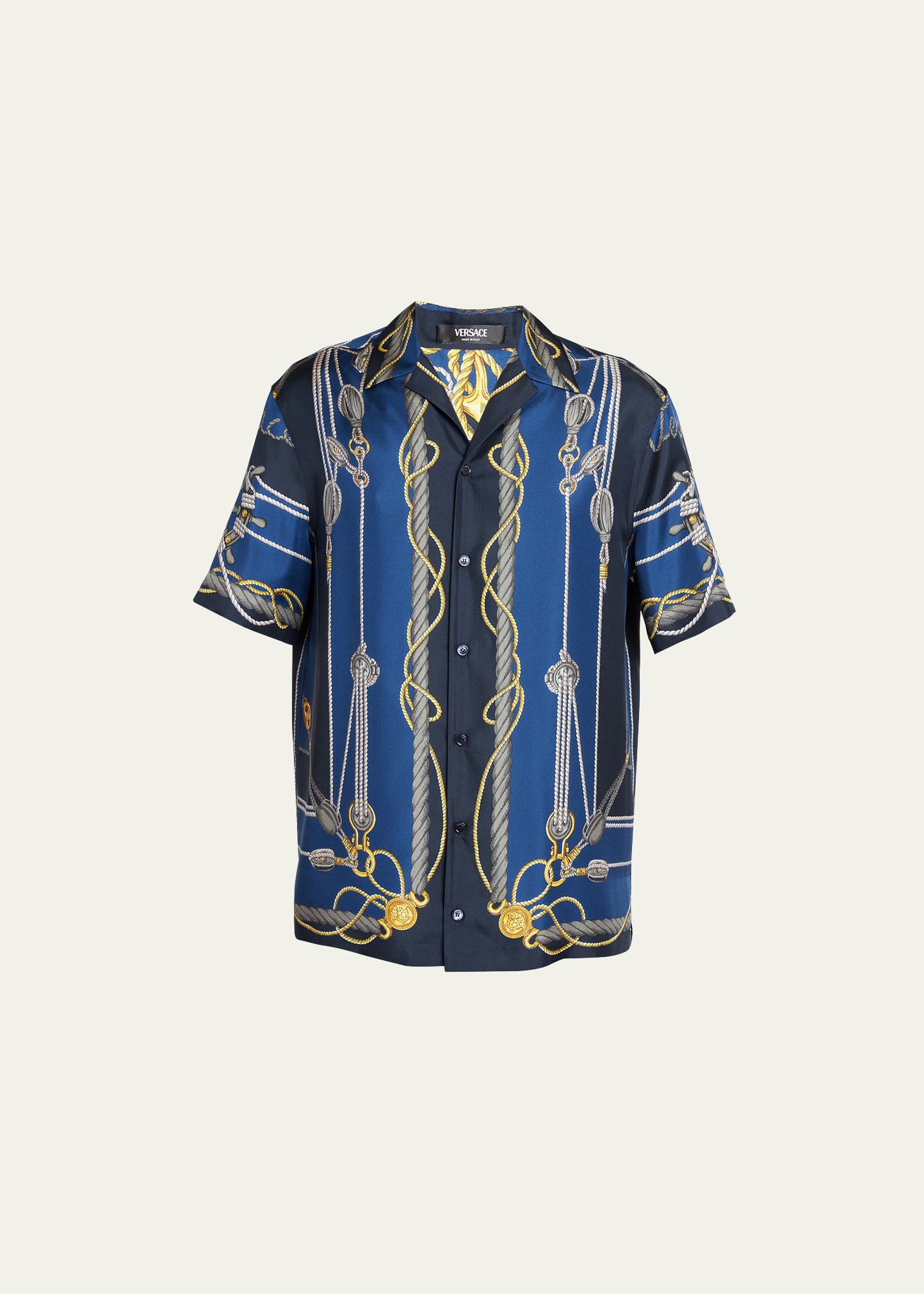 Shop Versace Men's Nautical-print Silk Short-sleeve Shirt In Bluegold