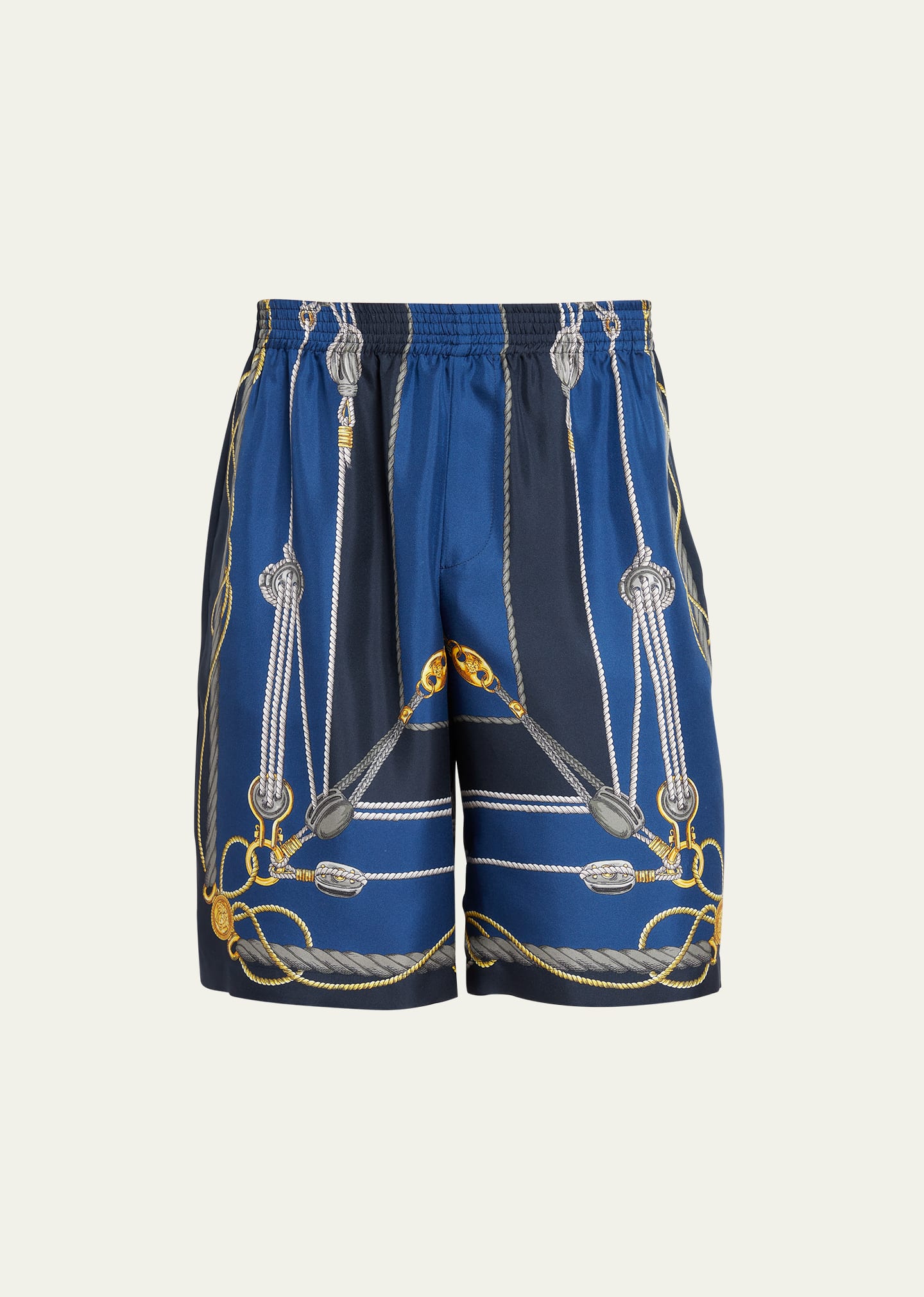 Shop Versace Men's Nautical-print Silk Pull-on Shorts In Bluegold