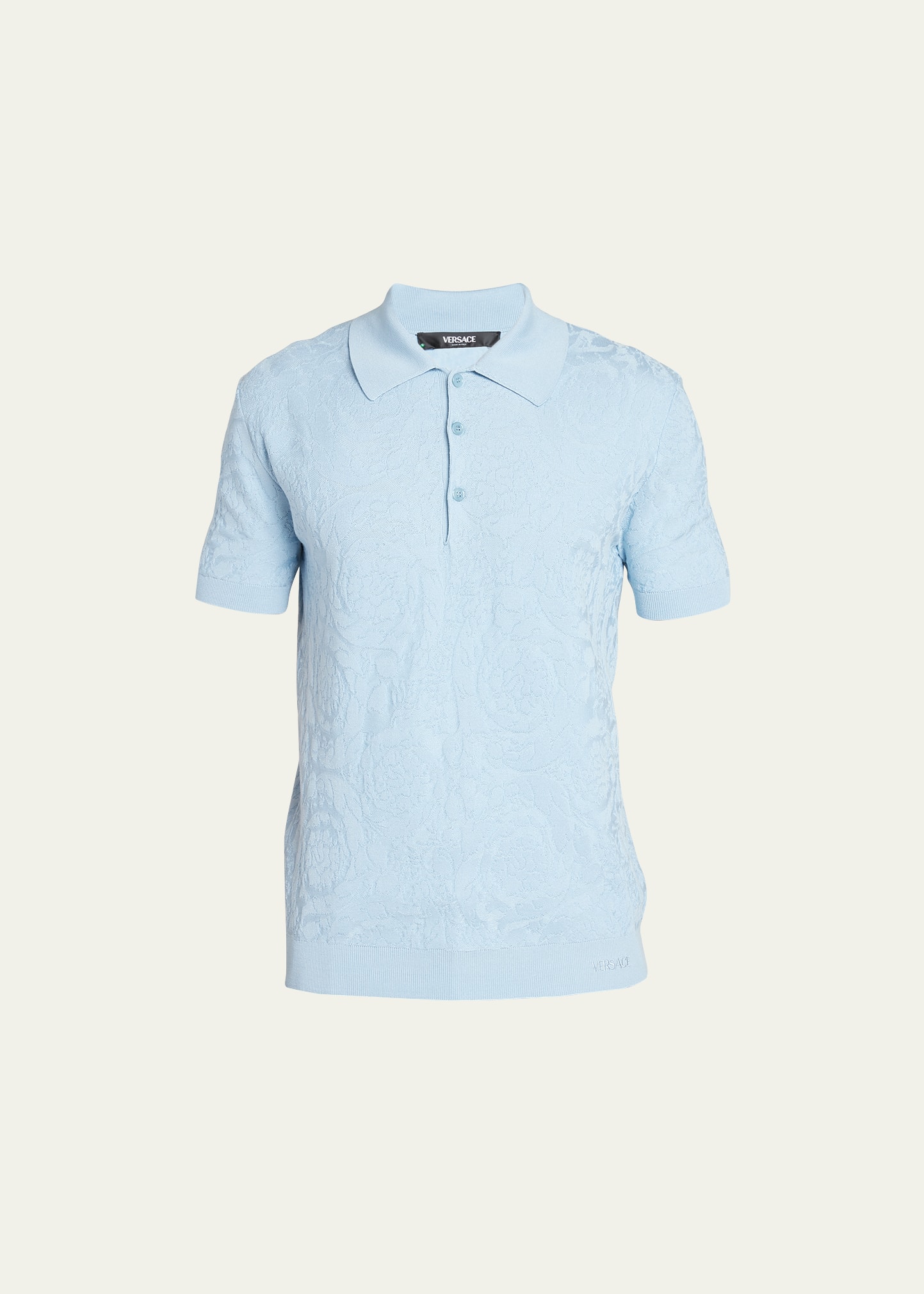Shop Versace Men's Tonal Barocco Knit Polo Shirt In Pale Blue