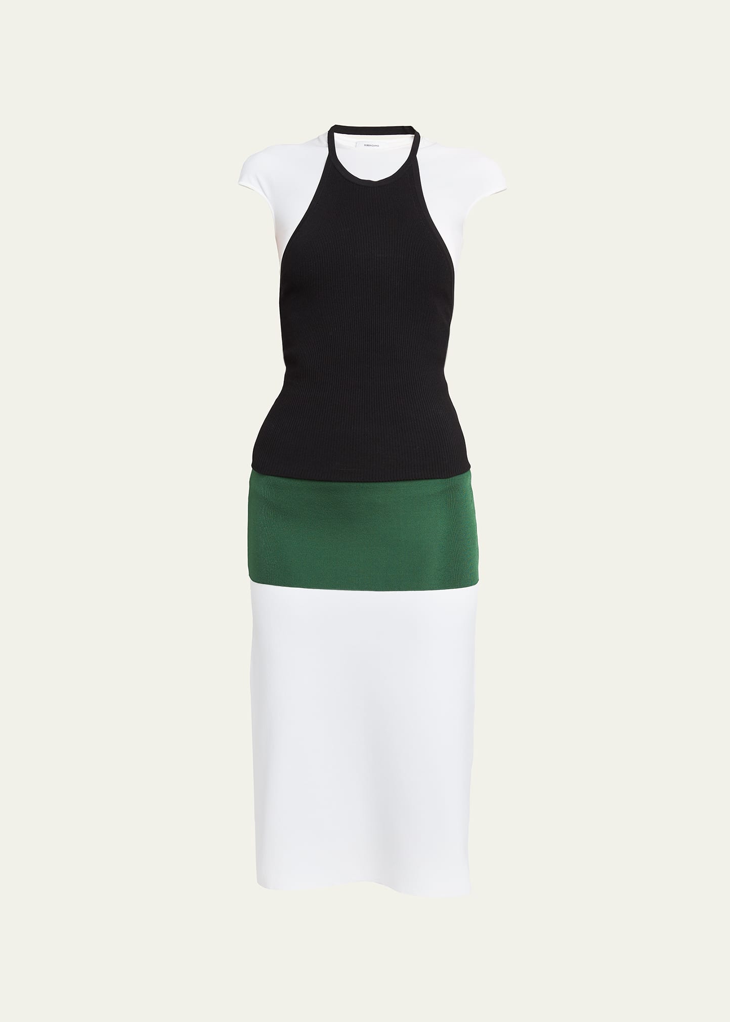Ferragamo Colorblock Layered Cap-sleeve Midi Dress In White/f.gr