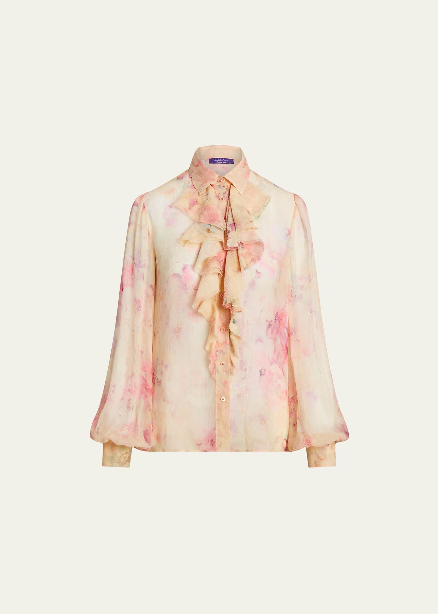 Dylon Floral Watercolor Ruffle-Bib Organza Collared Shirt