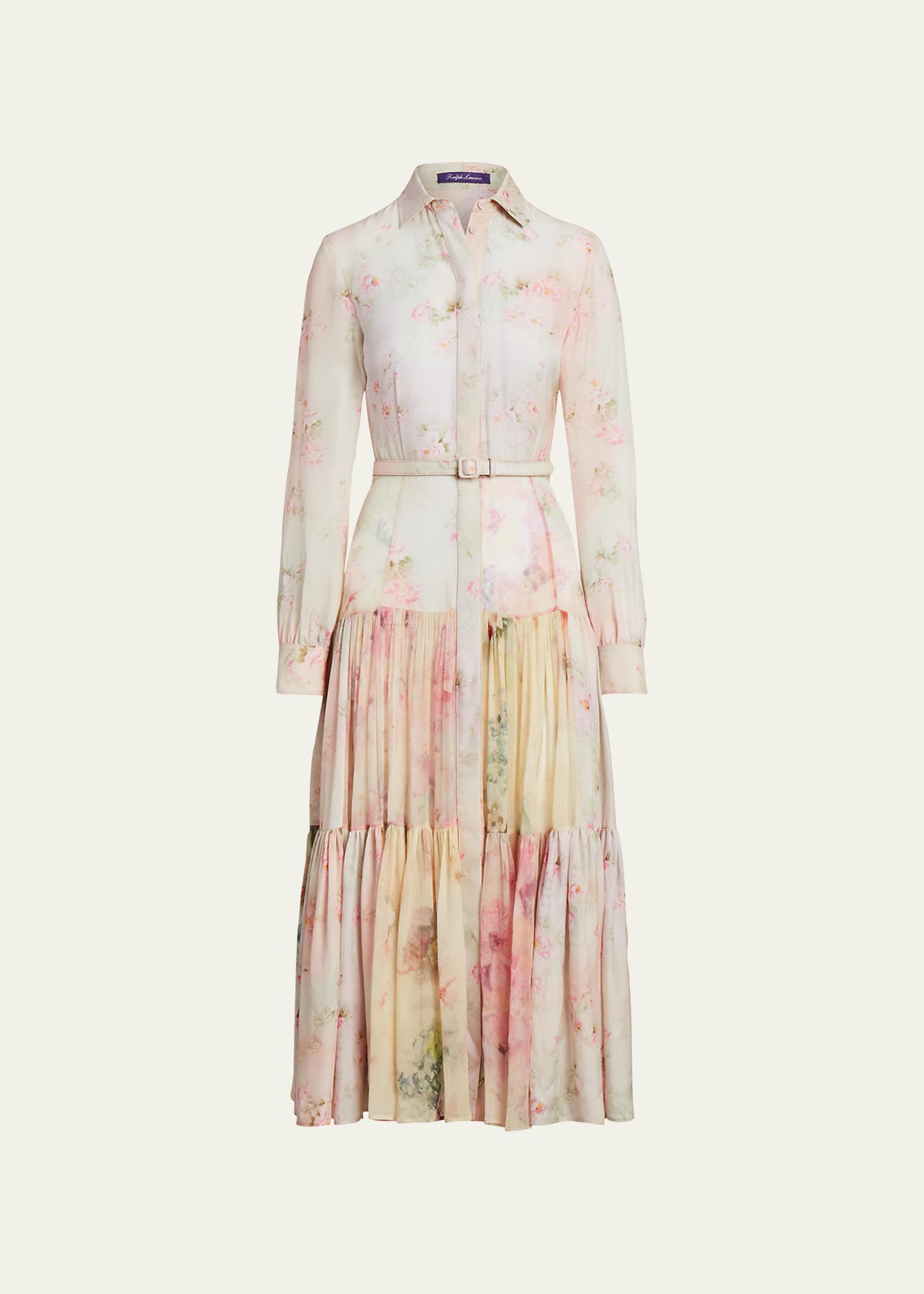 Shop Ralph Lauren Ellasandra Floral Watercolor Tiered Midi Belted Dress In Pink