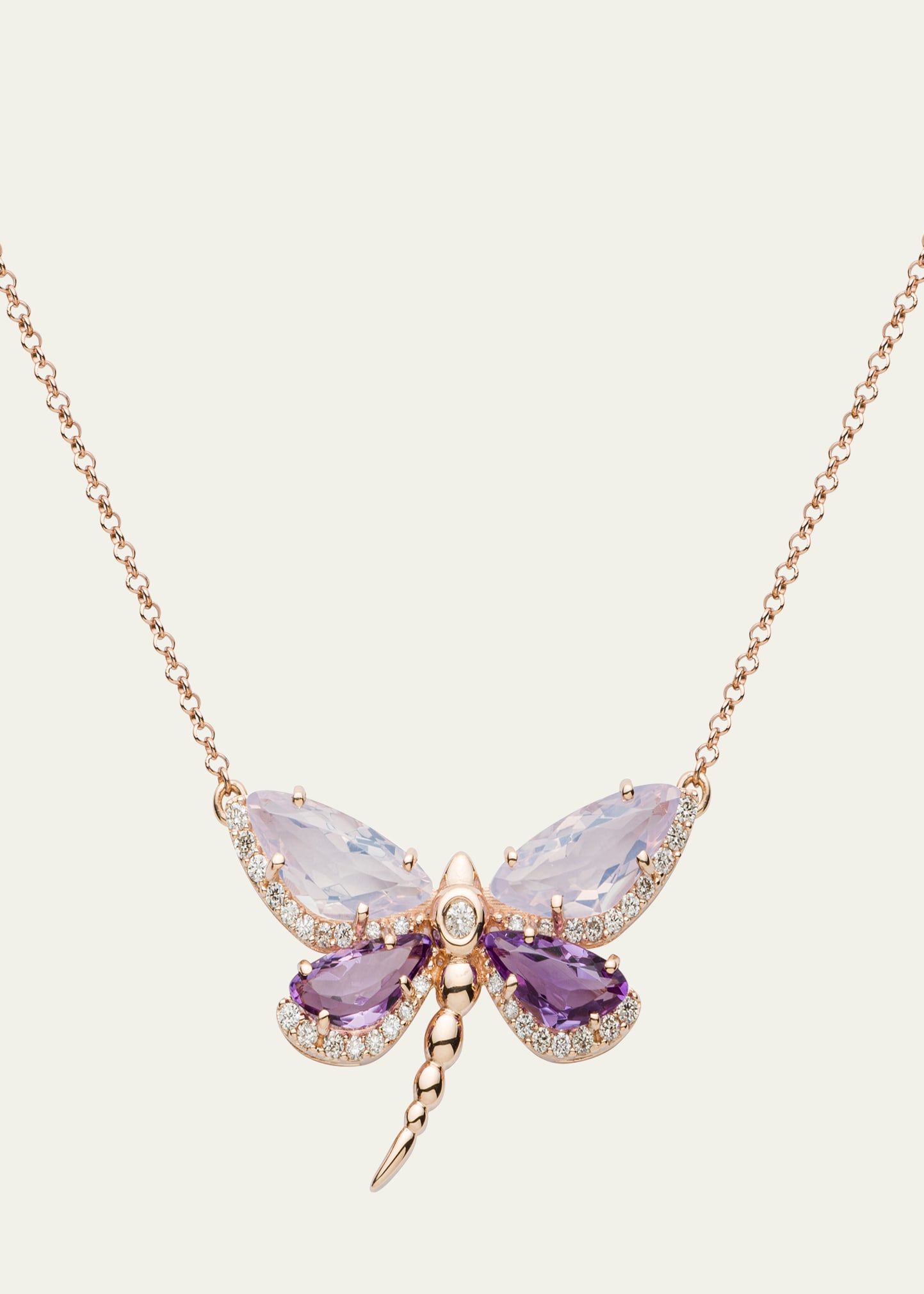 Amethyst and Quartz Dragonfly Necklace with Diamonds