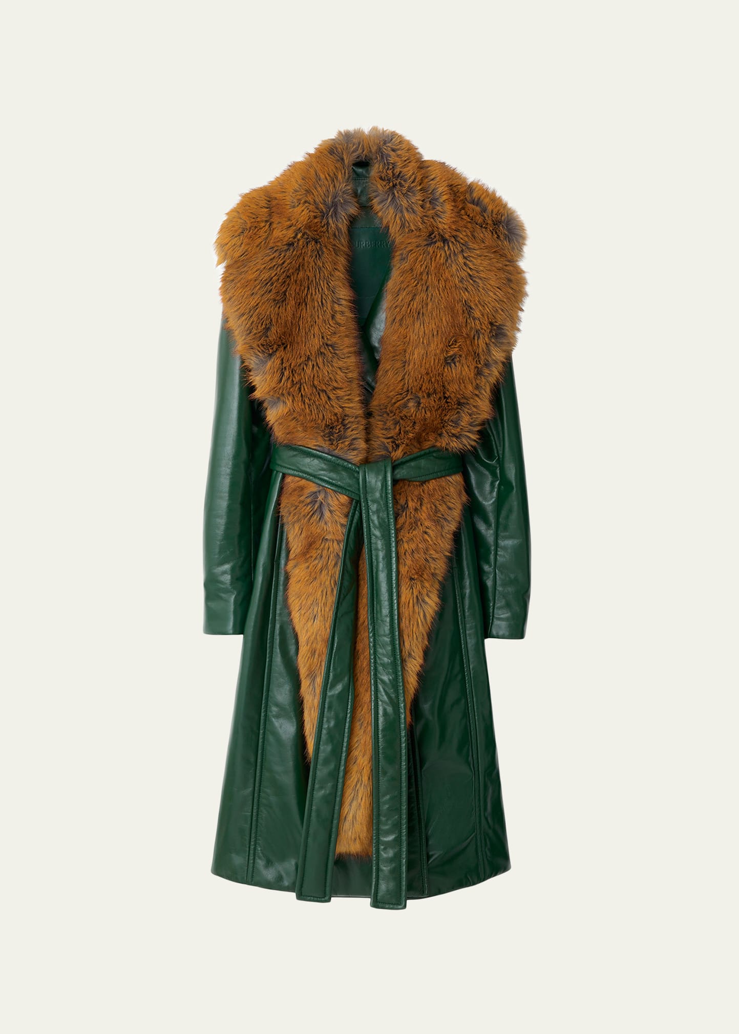 Burberry Belted Leather Trench Coat With Faux Fur Scarf In Green