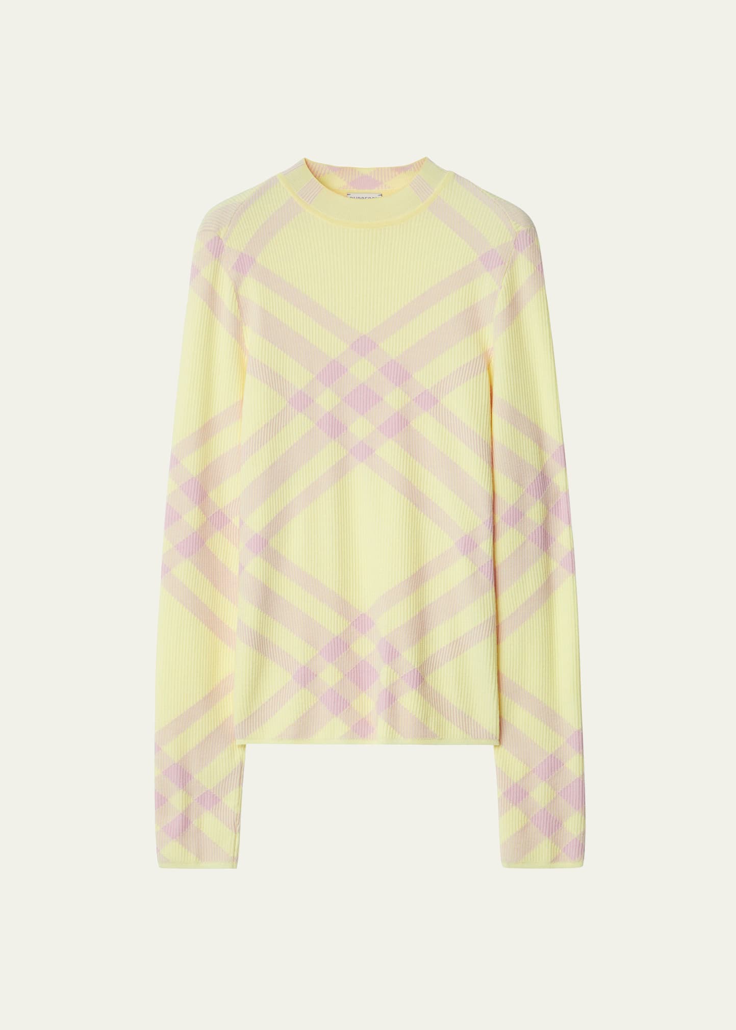 Burberry Crew Neck Ribbed Wool Blend Sweater With Tartan Motif In Sherbet Ip Check