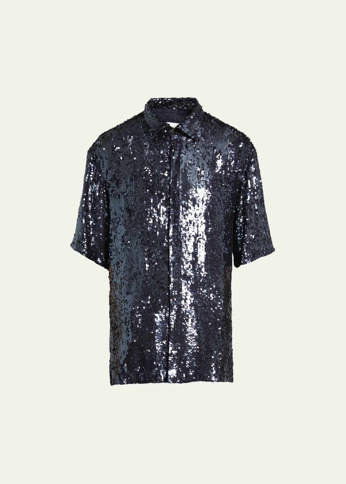 Dries Van Noten Men's Shiny Paillette Short-sleeve Shirt In 511 - Midnight