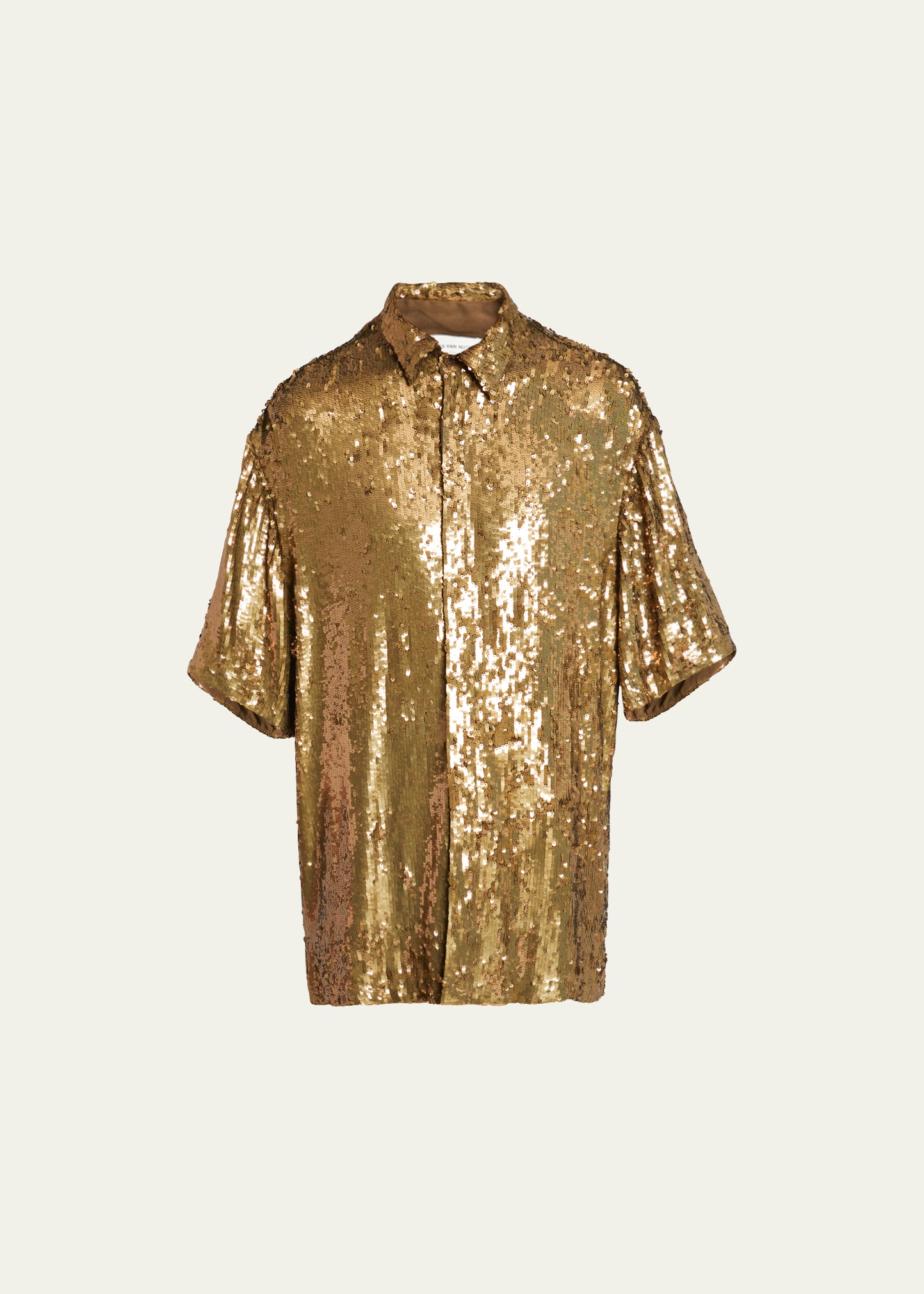 Dries Van Noten Men's Shiny Paillette Short-sleeve Shirt In 954 - Gold