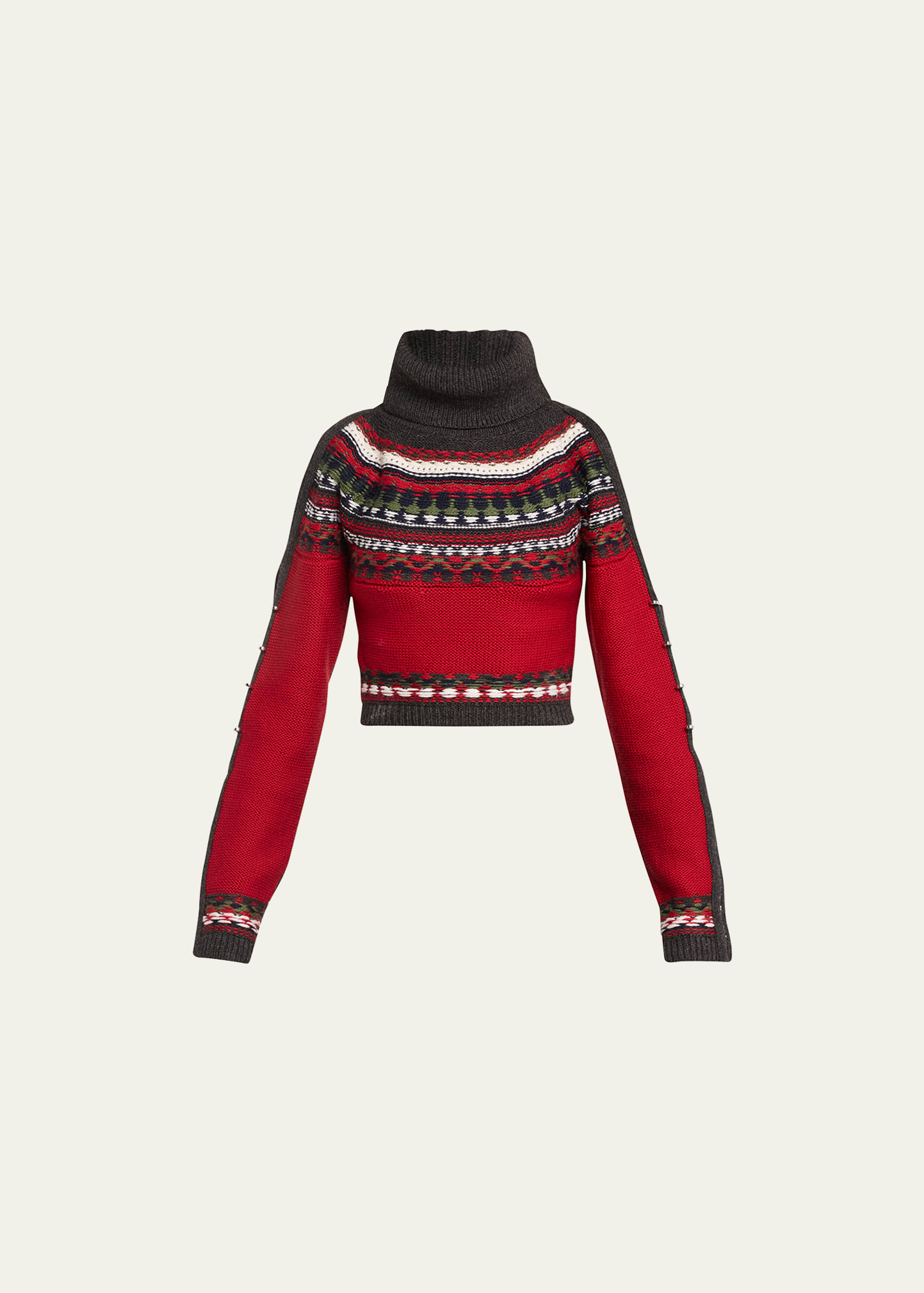 Shop Monse Fair Isle Wool Cropped Turtleneck With Sleeve Slits In Red Charcoal