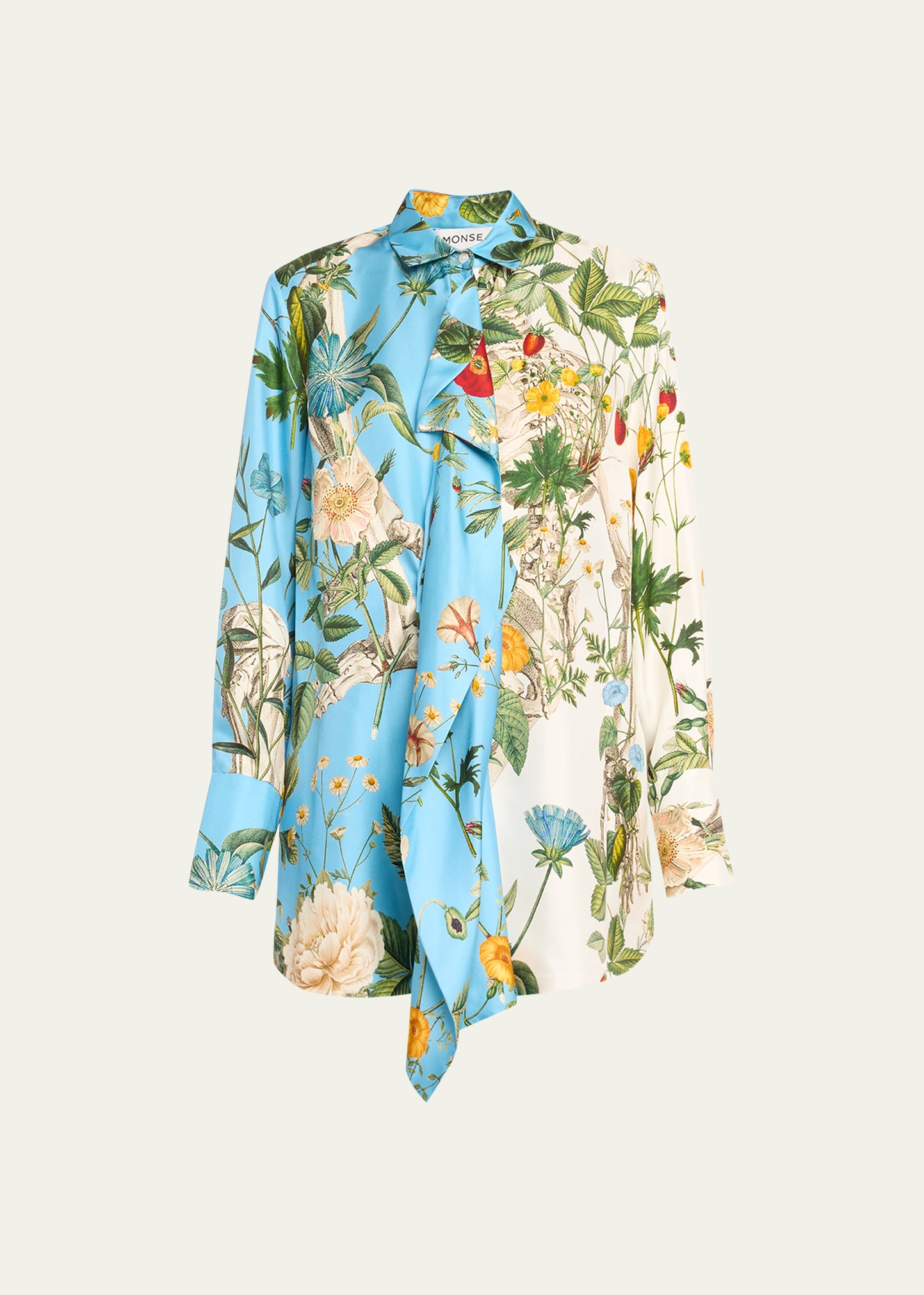 MONSE FLORAL SKELETON PRINT CASCADING SPLICE SILK BLOUSE