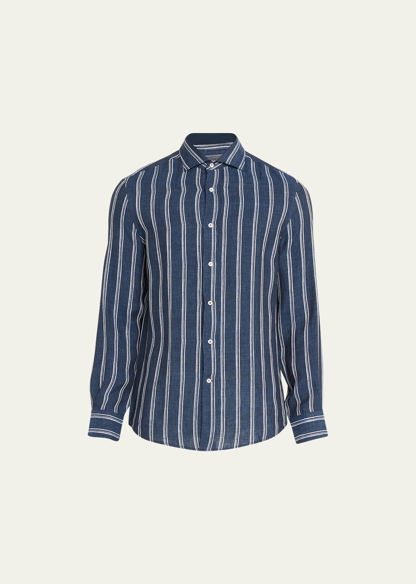 Shop Brunello Cucinelli Men's Linen-cotton Stripe Casual Button-down Shirt In C551 Navy