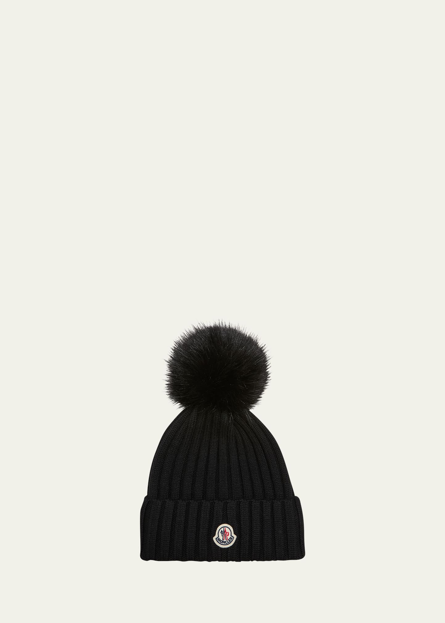 Moncler Ribbed Wool Beanie With Faux Fur Pom In Black