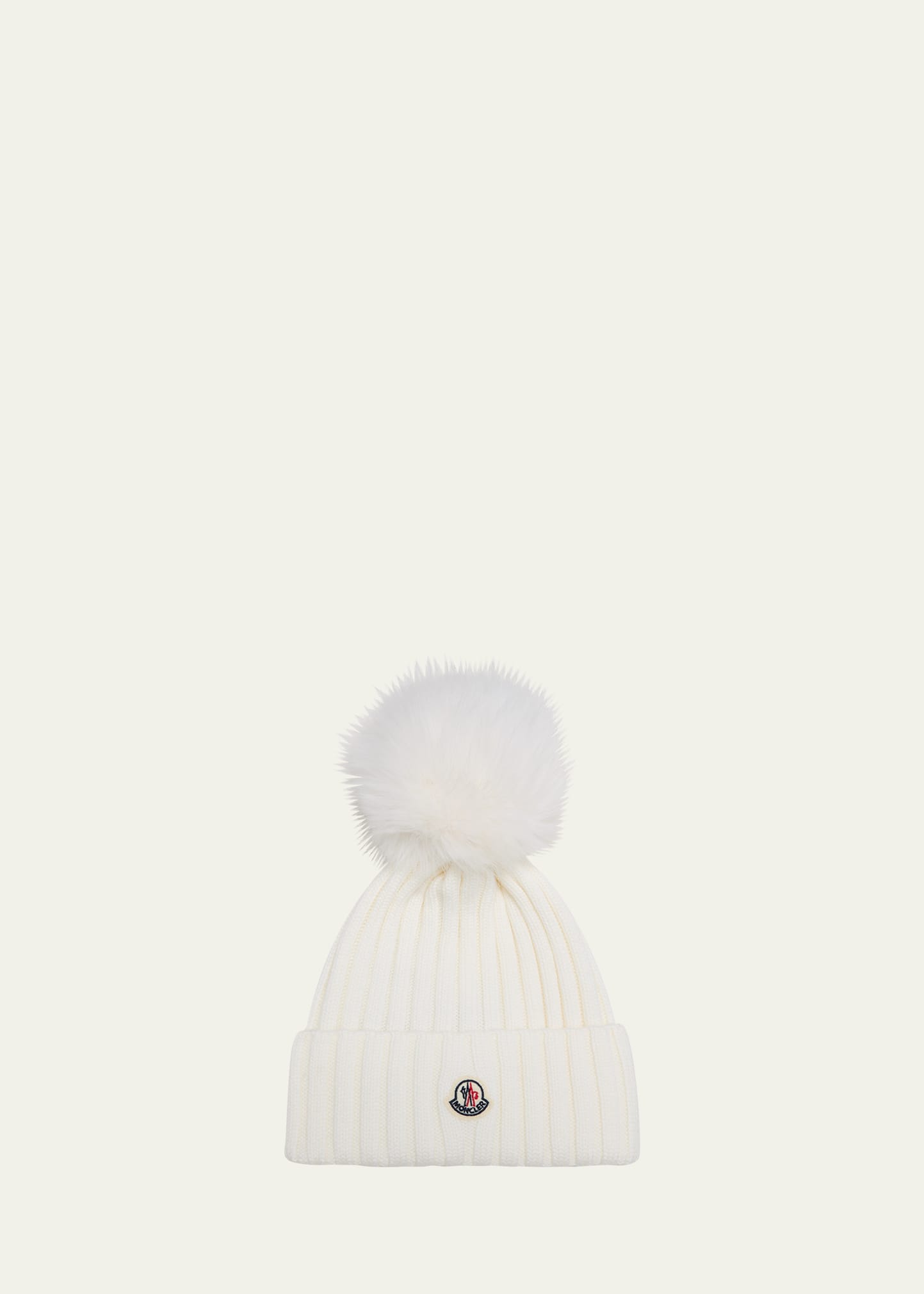 Moncler Ribbed Wool Beanie With Faux Fur Pom In Natural