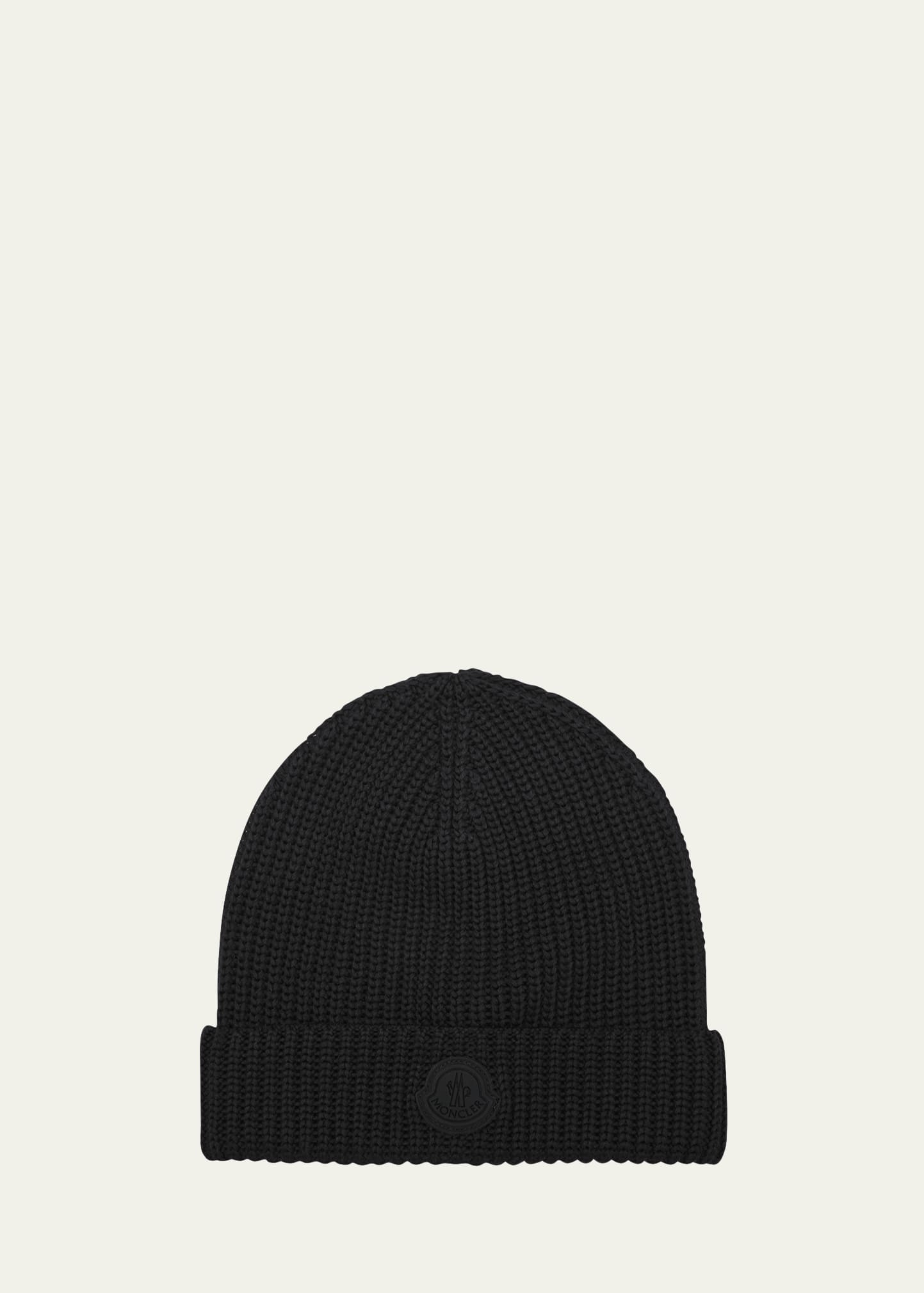 Moncler Men's Ribbed Cotton Beanie With Logo Patch In Black