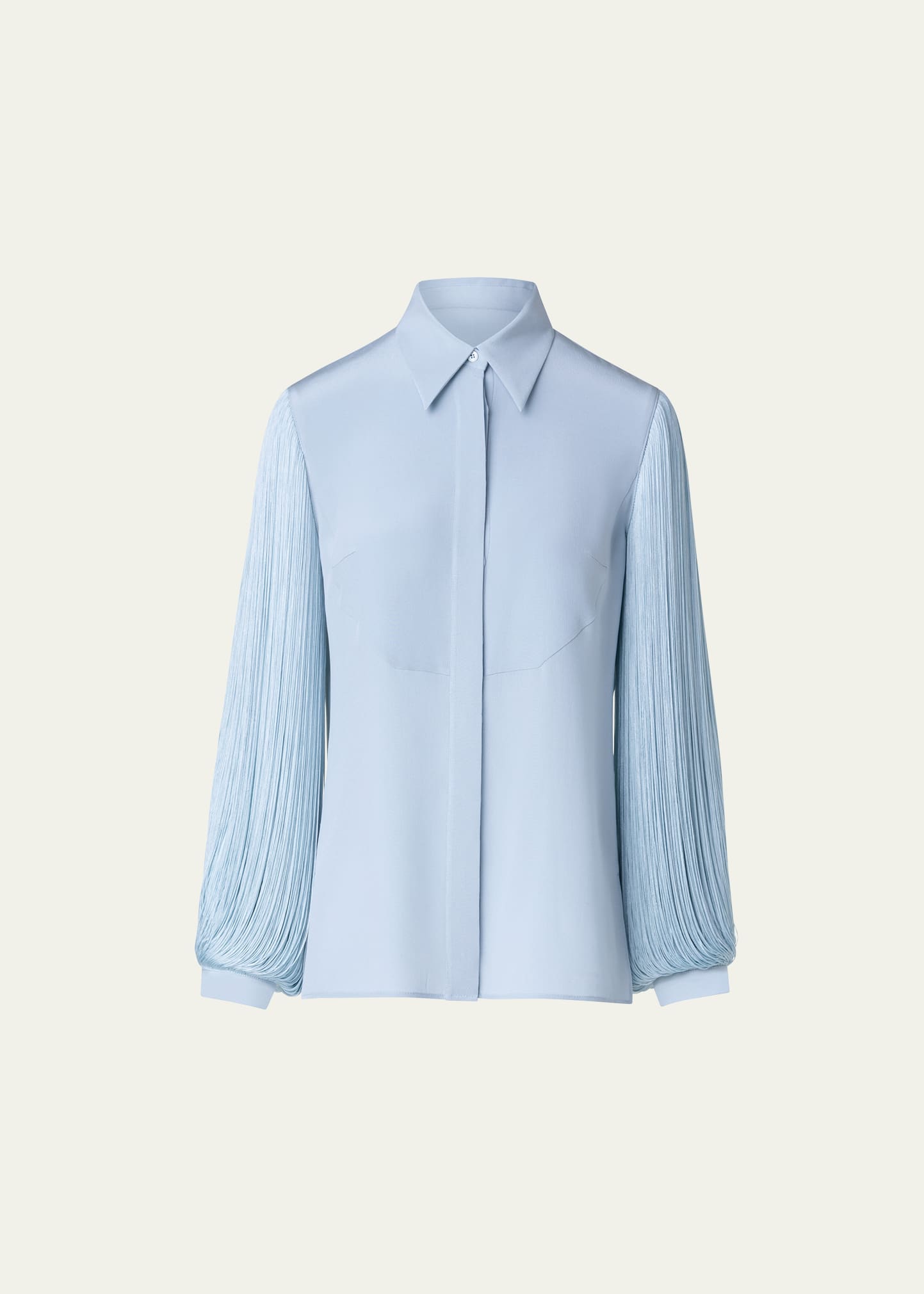 Akris Silk Crepe Button-front Blouse With Fringe Sleeves In Bleached Denim