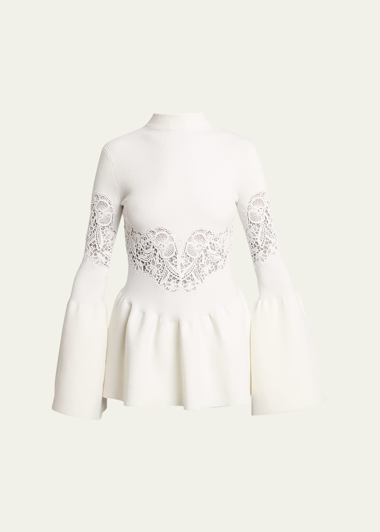 Shop Chloé Lace Compact Wool Ribbed Peplum Top In Iconic Milk