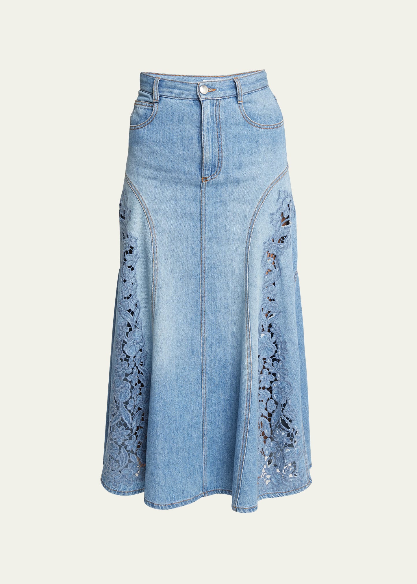 Shop Chloé Floral Broderie Anglaise Cotton Linen Denim A-line Midi Skirt In Foggy Blue
