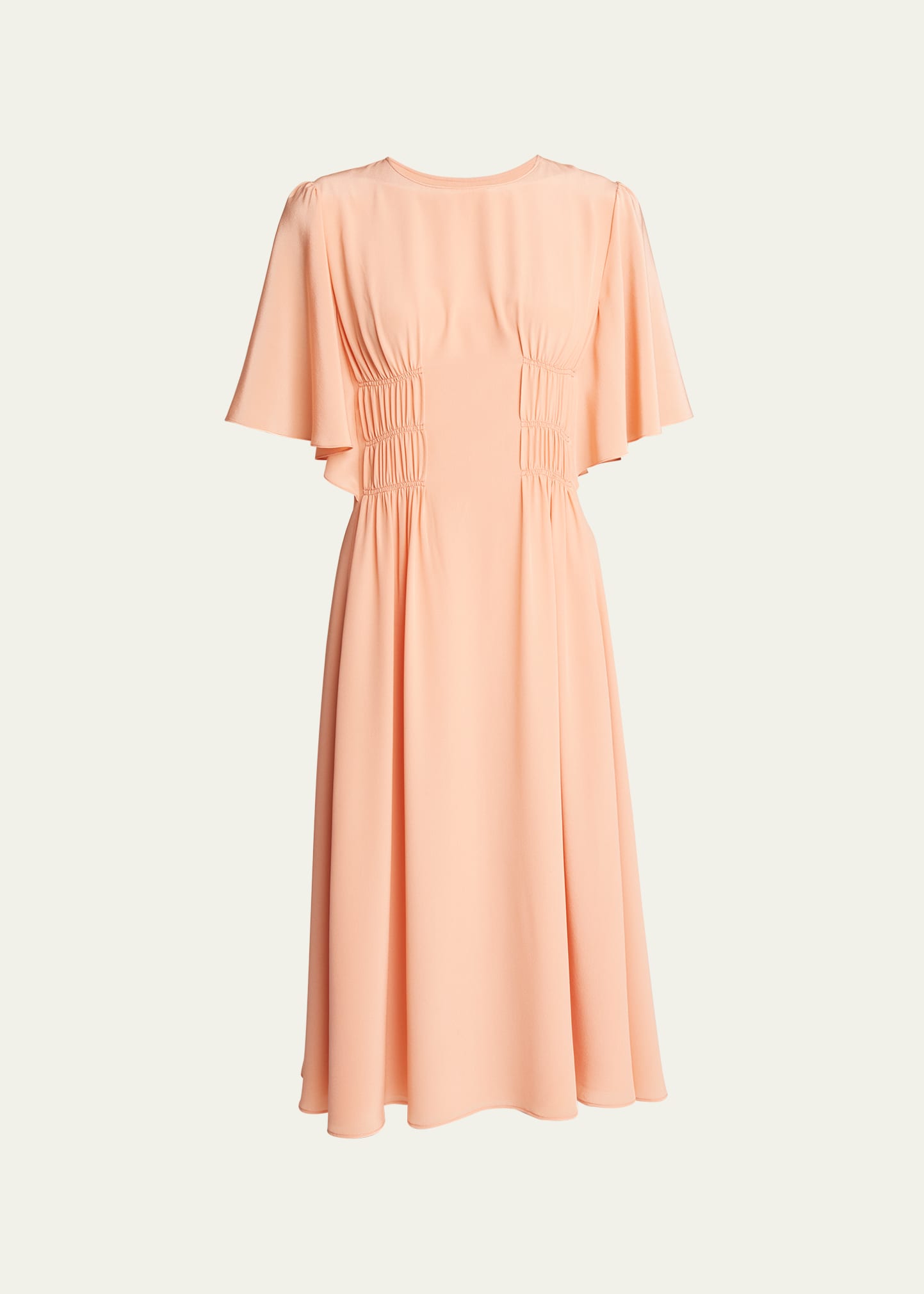 Chloé Ruched Flutter-sleeve Crepe De Chine Midi Dress In Muted Clay