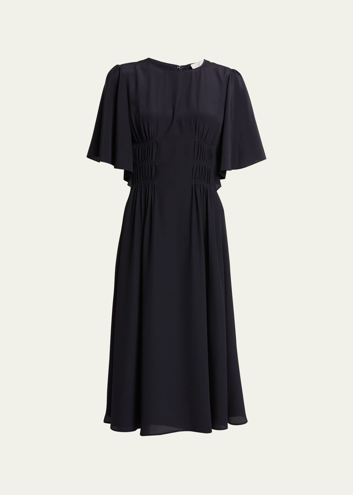 Chloé Ruched Flutter-sleeve Crepe De Chine Midi Dress In Ink Navy