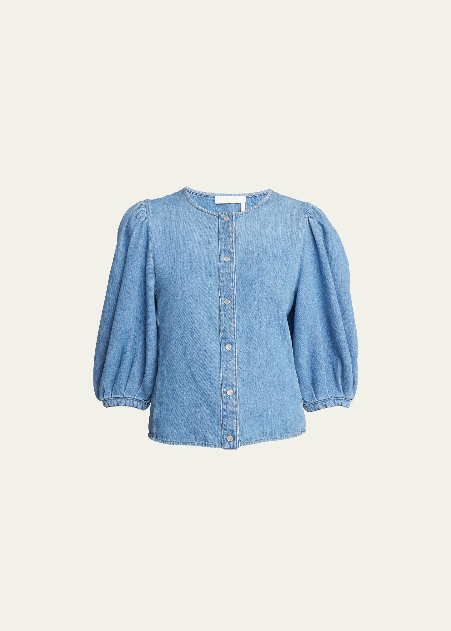 Shop Chloé Puff-sleeve Cotton-linen Denim Top In Foggy Blue