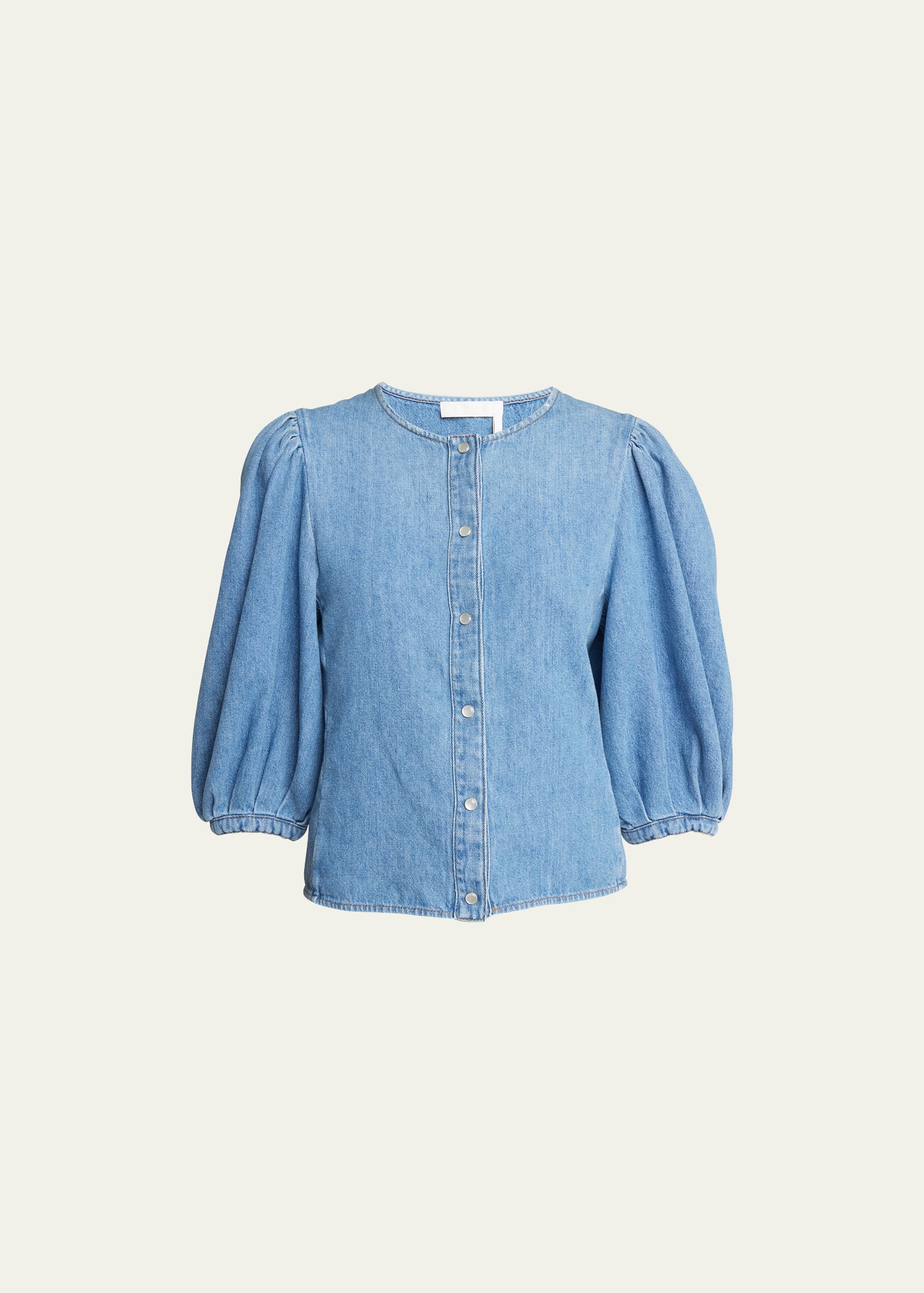 Chloé Chemise Sans Col Manches Ballon Femme Bleu Taille 42 80% Coton, 20% Lin In Foggy Blue
