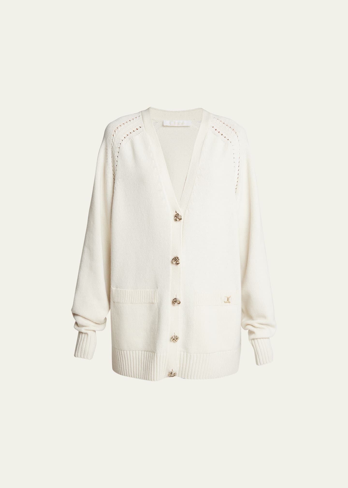 Shop Chloé V-neck Knot-button Recycled Cashmere Cardigan In White Powder