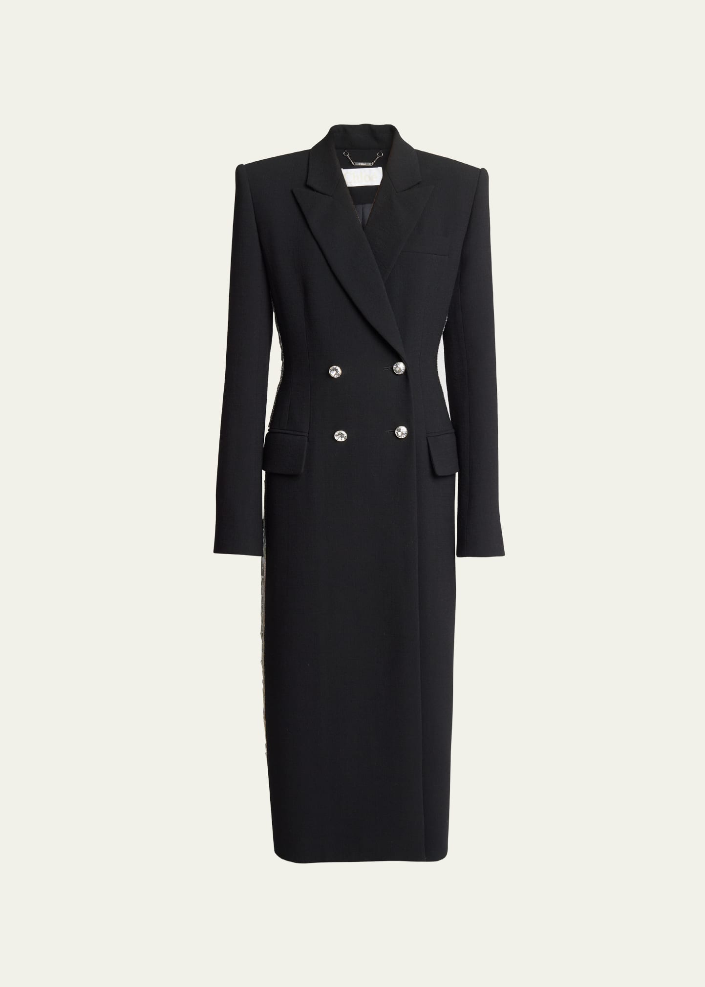 Shop Chloé Crystal Arrow Double-breasted Wool Crepe Long Tailored Coat In Black