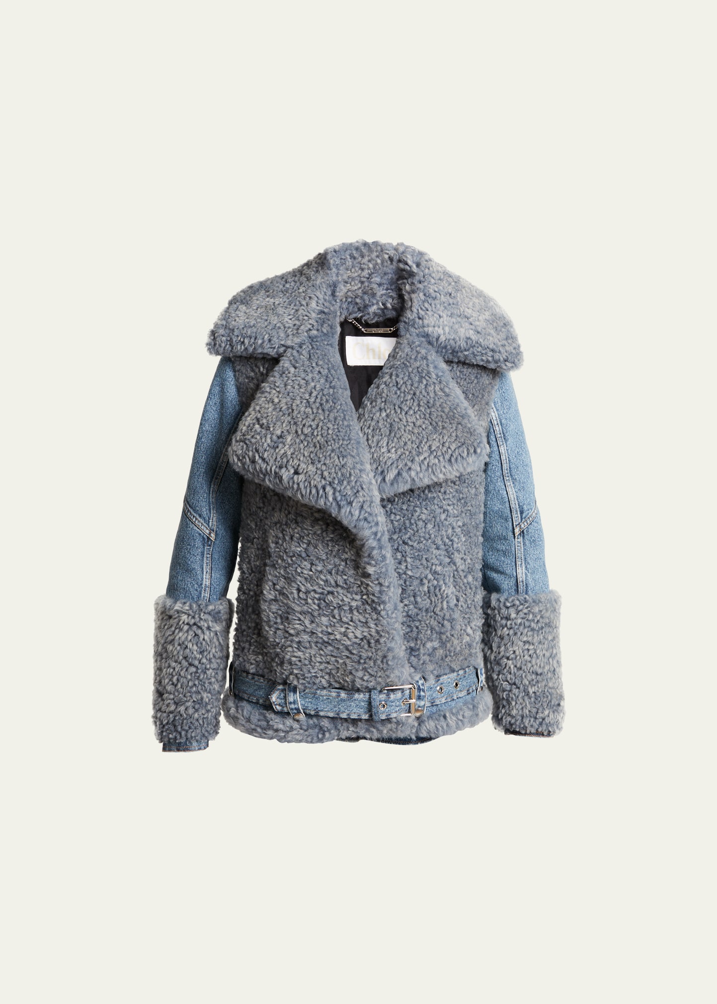 CHLOÉ HYBRID DENIM SHEARLING BIKER JACKET