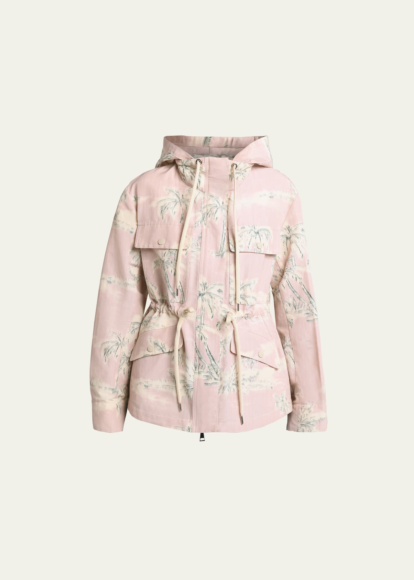 Moncler Marpe Palm Tree Printed Short Parka Jacket In Pastel Pink