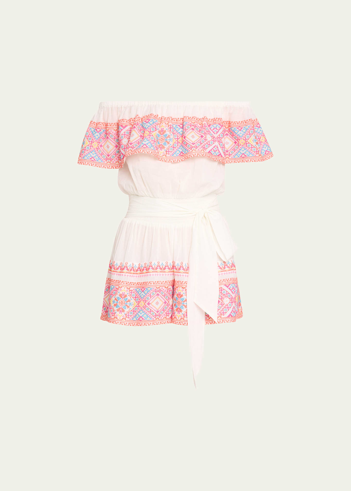 Ramy Brook Birdie Geometric Embroidered Cotton Off-the-shoulder Romper In White Multi Combo Embroidered