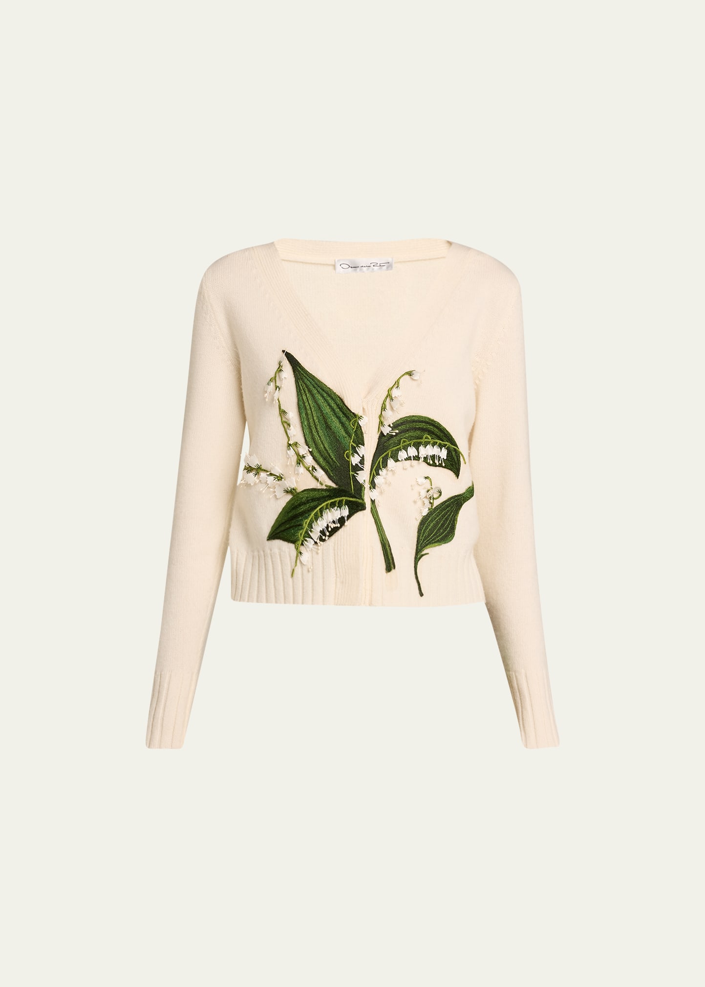 Oscar De La Renta Lily Of The Valley Embroidered V-neck Cardigan In Ivory