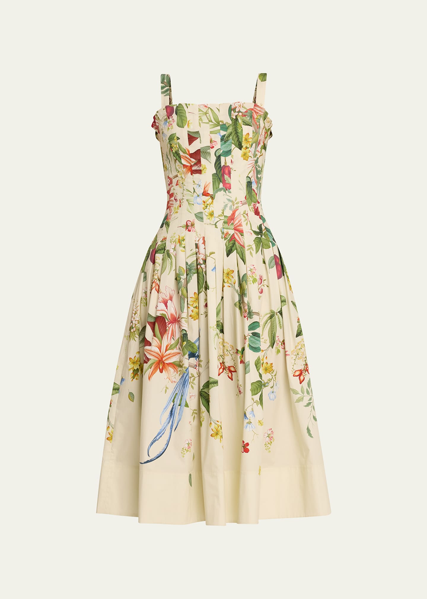 Oscar De La Renta Degrade Floral Fauna Print Draped Midi Dress In Ecru Multi