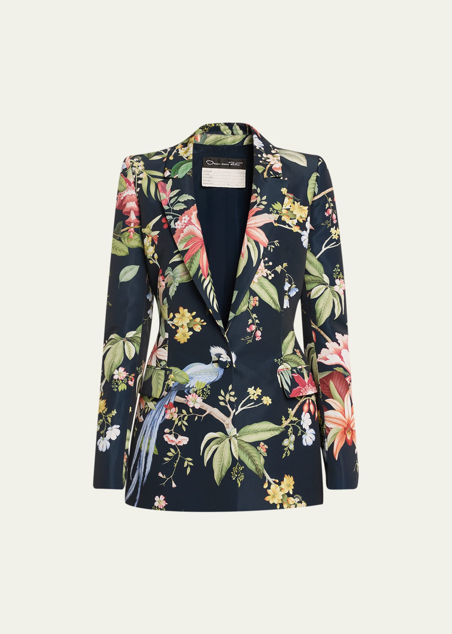 Shop Oscar De La Renta Degrade Floral And Fauna Faille Single-breasted Blazer Jacket In Navy Multi