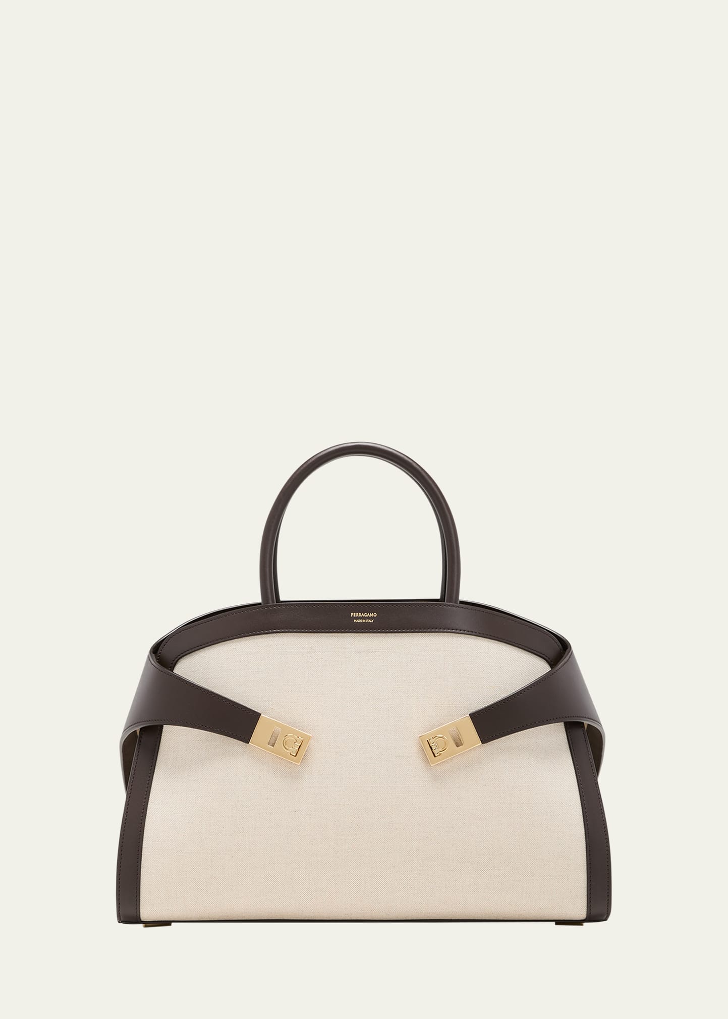 Ferragamo Hug Medium Leather-trimmed Canvas Tote In Natural