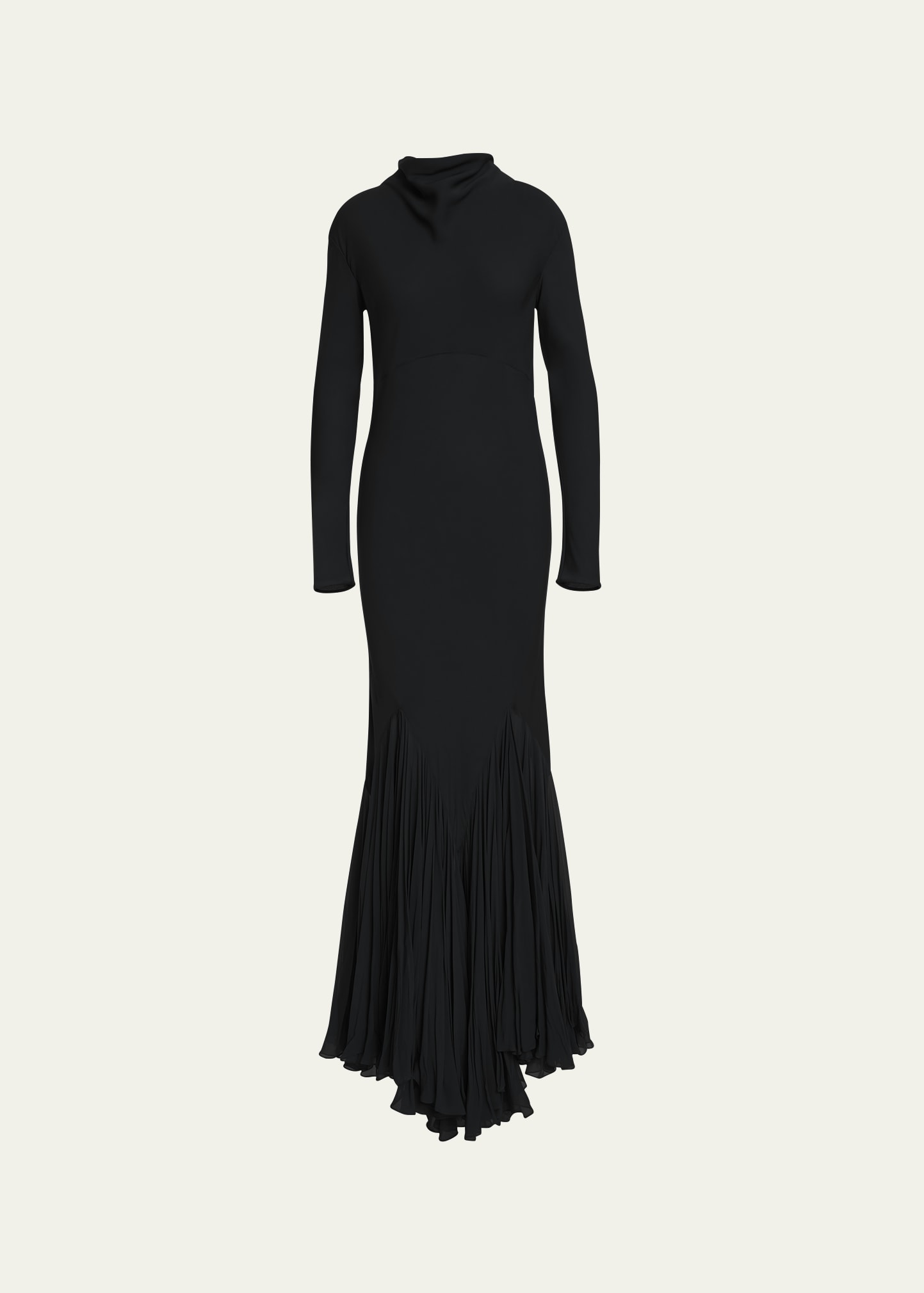 Khaite Metin Cowl-neck Long-sleeve Pleated Mermaid Gown In Black