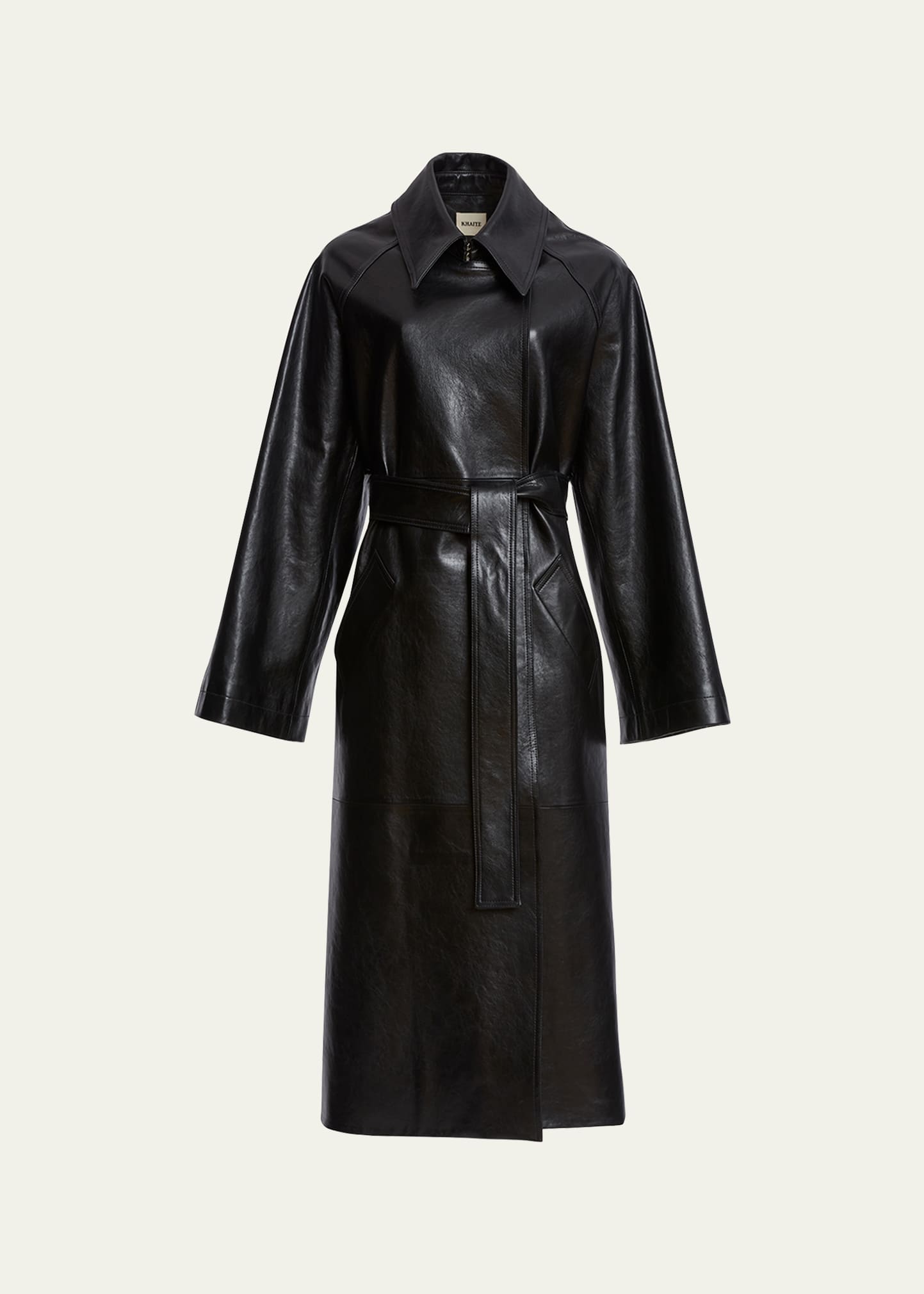 Khaite Minnie Belted Leather Long Trench Coat In Black