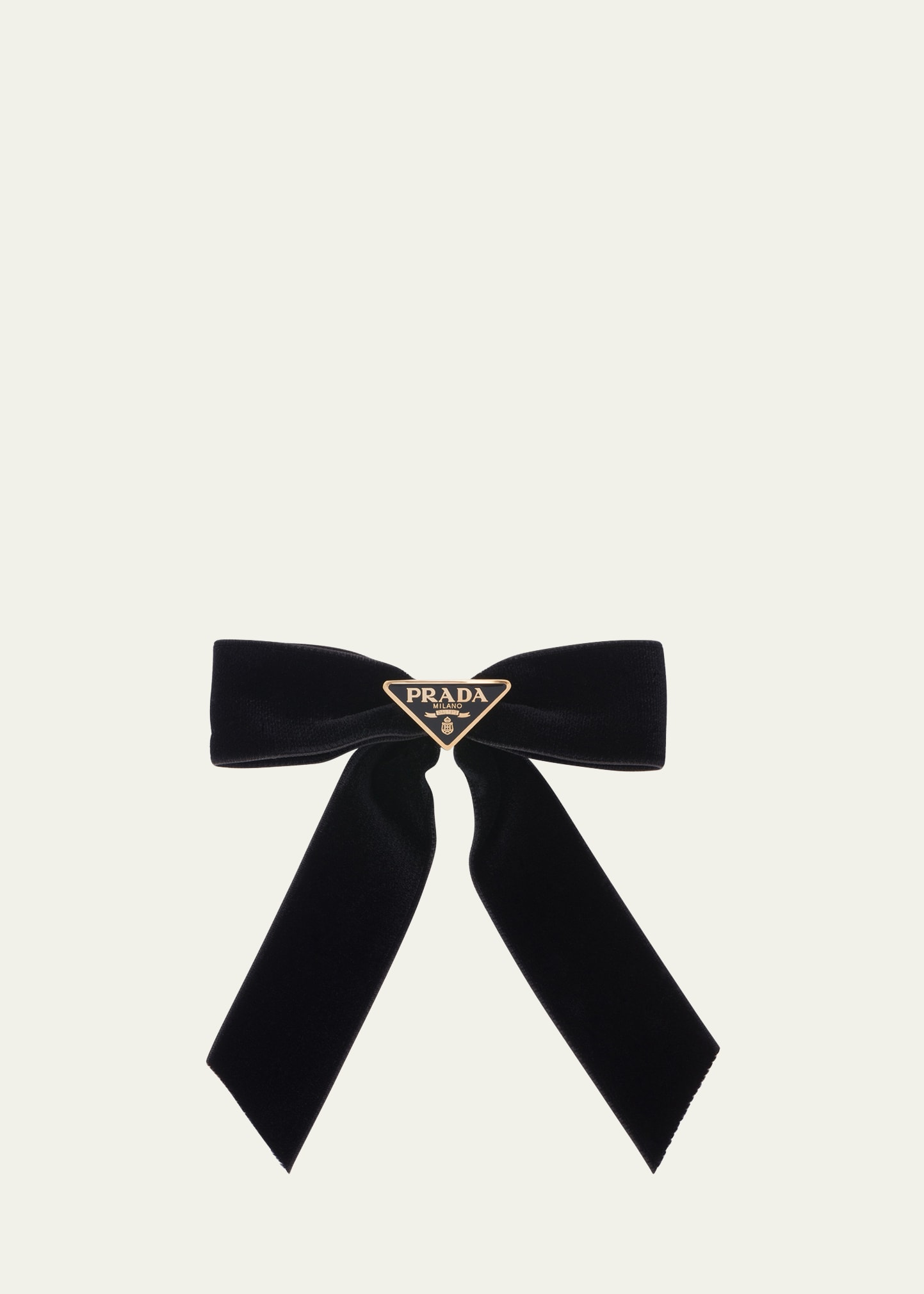 Prada Bow Triangle Logo Velvet Barrette In F0002 Nero